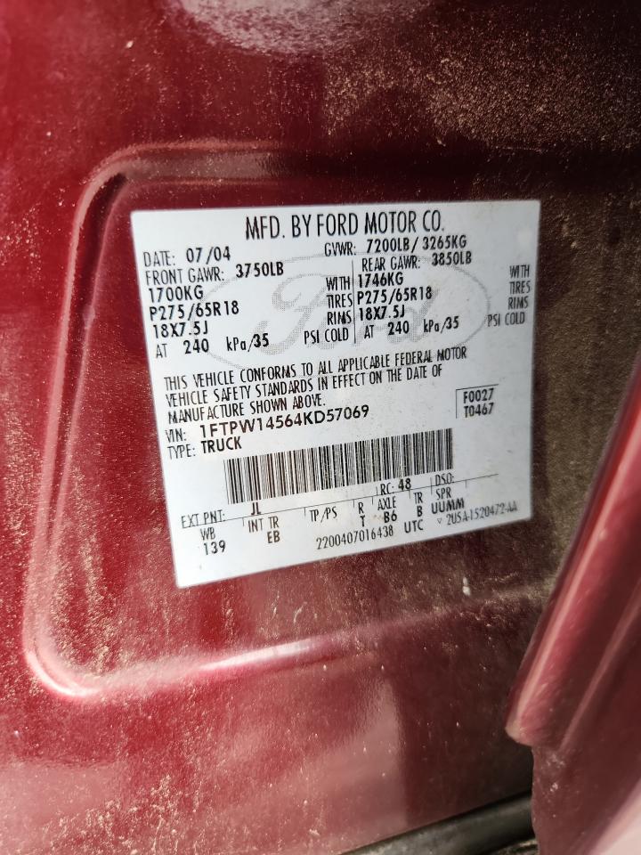 2004 Ford F150 Supercrew Red vin: 1FTPW14564KD57069