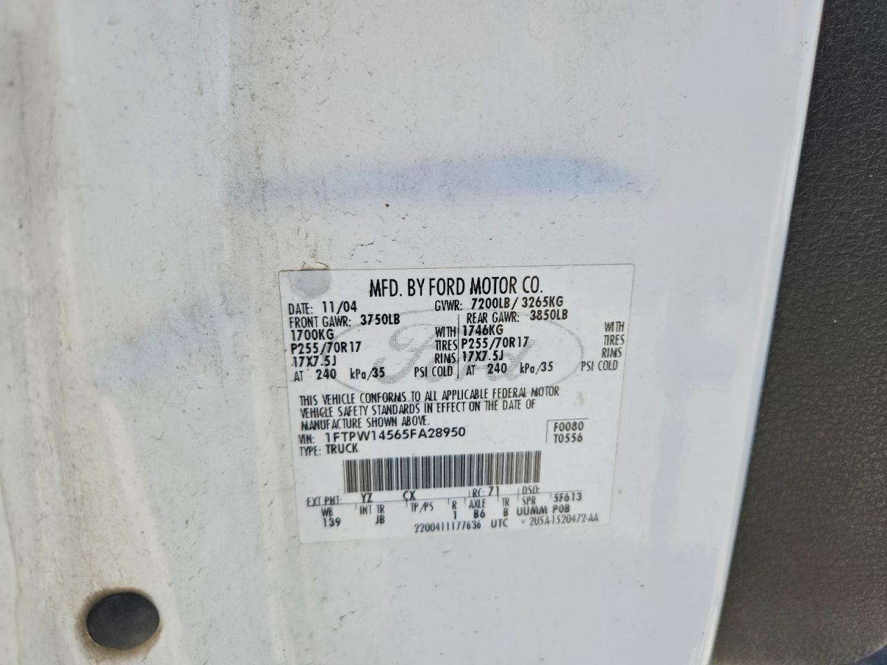 2005 Ford F150 Supercrew White vin: 1FTPW14565FA28950
