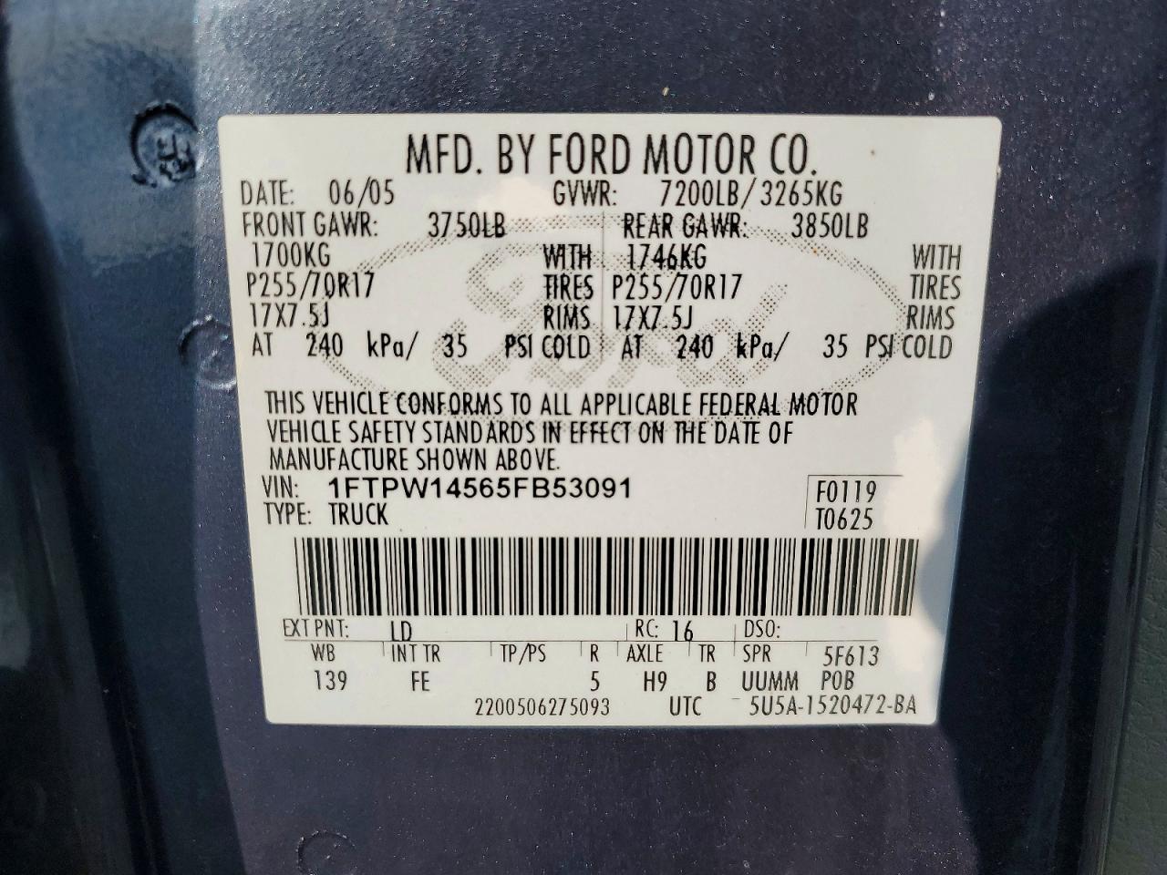 2005 Ford F150 Supercrew Blue vin: 1FTPW14565FB53091