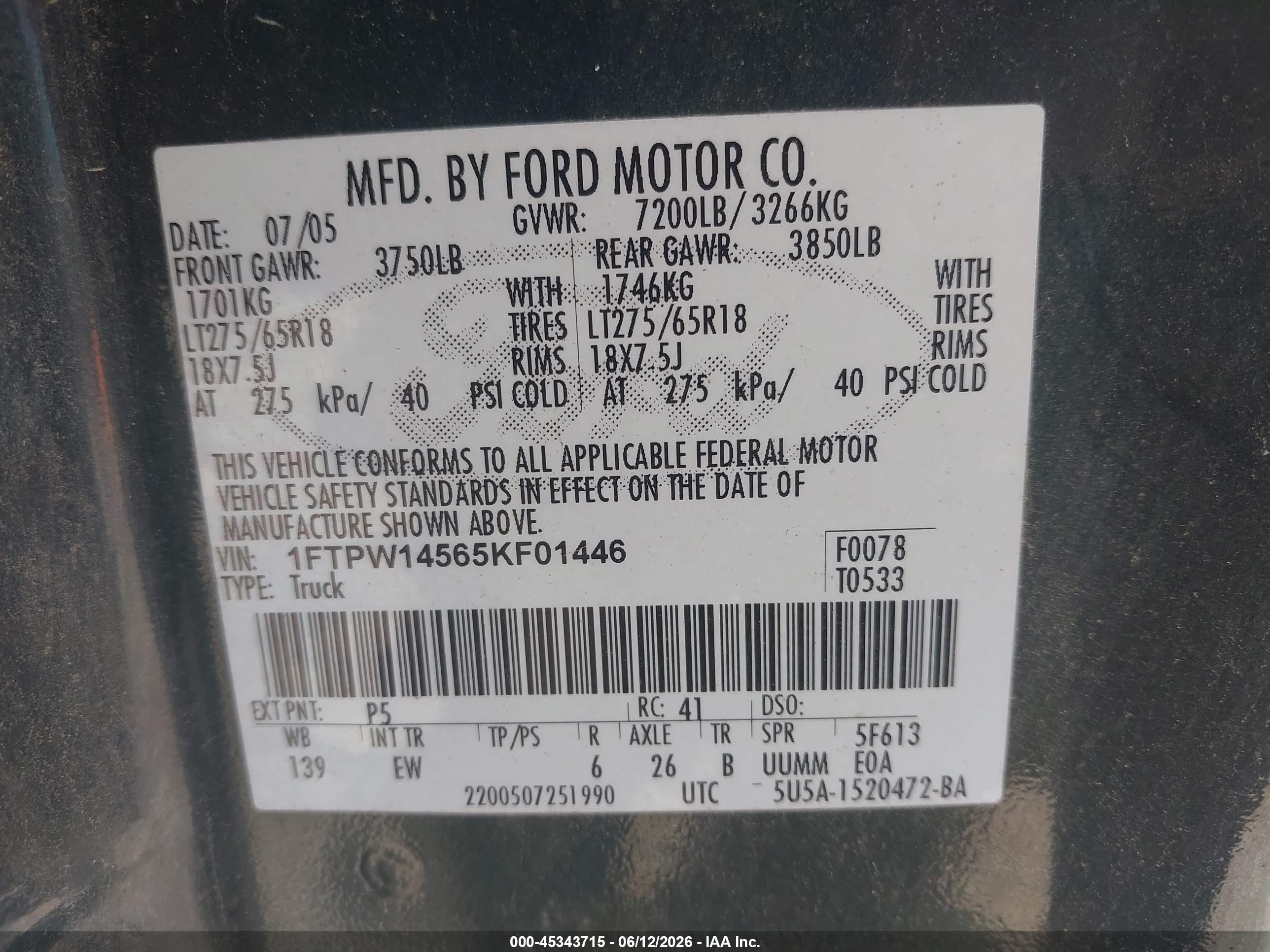 2005 Ford F-150 Fx4/lariat/xlt Black vin: 1FTPW14565KF01446