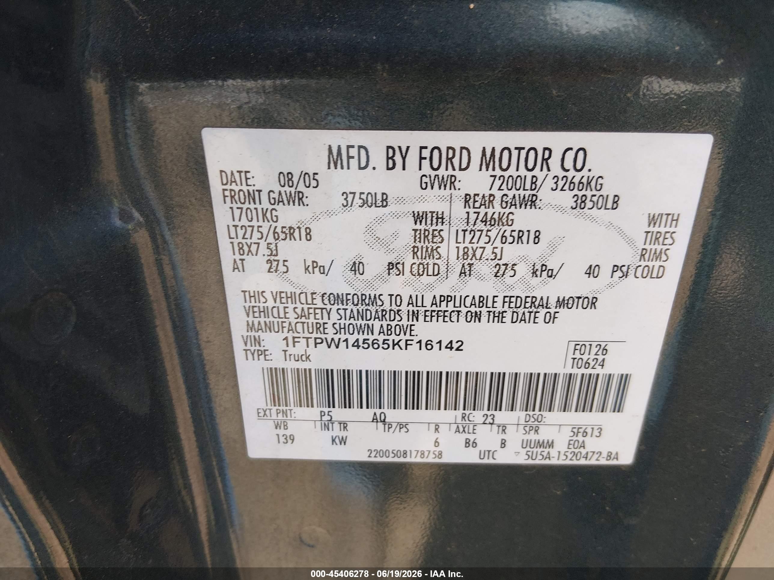 2005 Ford F-150 Fx4/lariat/xlt Зеленый vin: 1FTPW14565KF16142