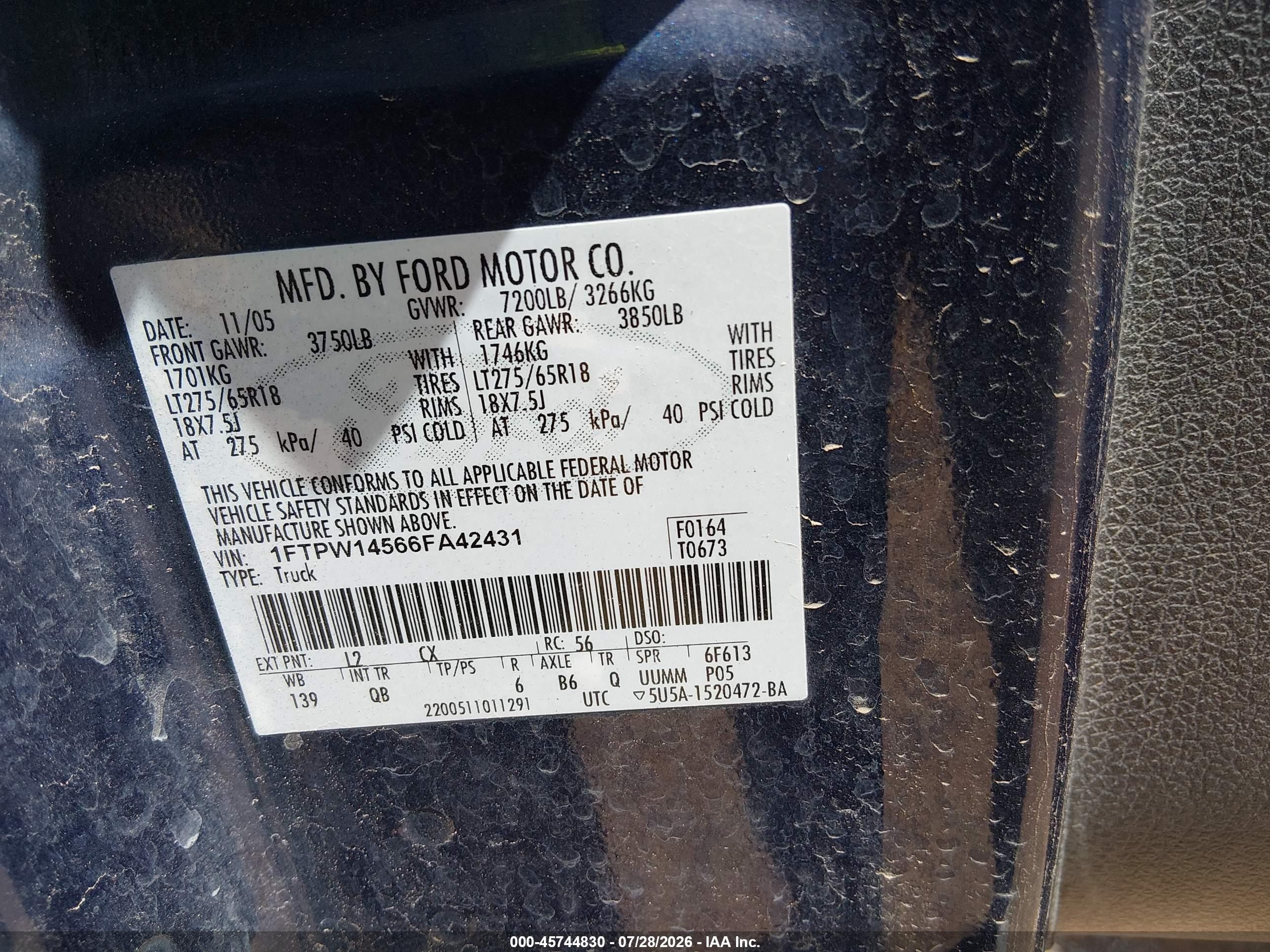 2006 Ford F-150 Fx4/lariat/xlt Blue vin: 1FTPW14566FA42431