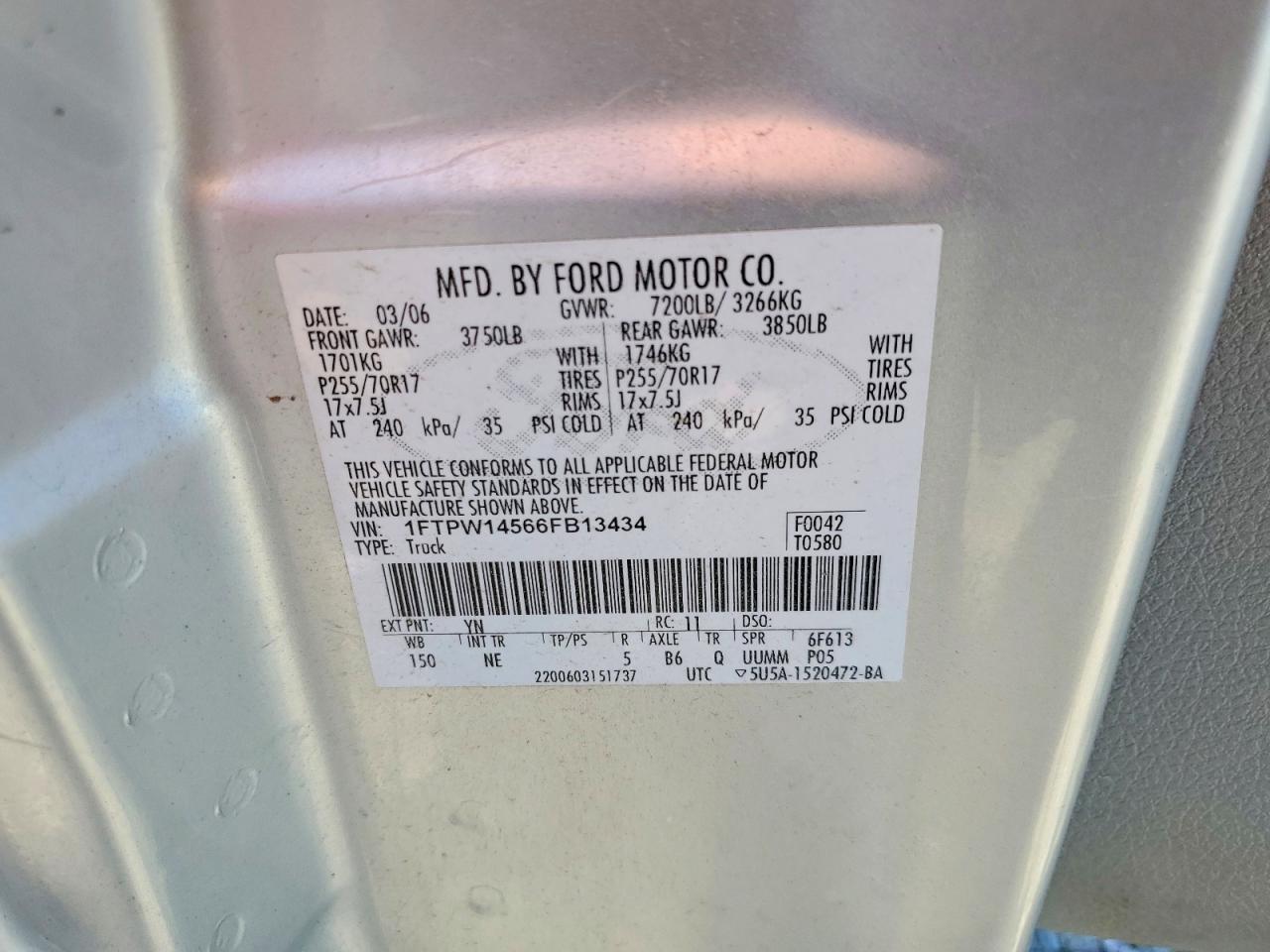 2006 Ford F150 Supercrew Silver vin: 1FTPW14566FB13434