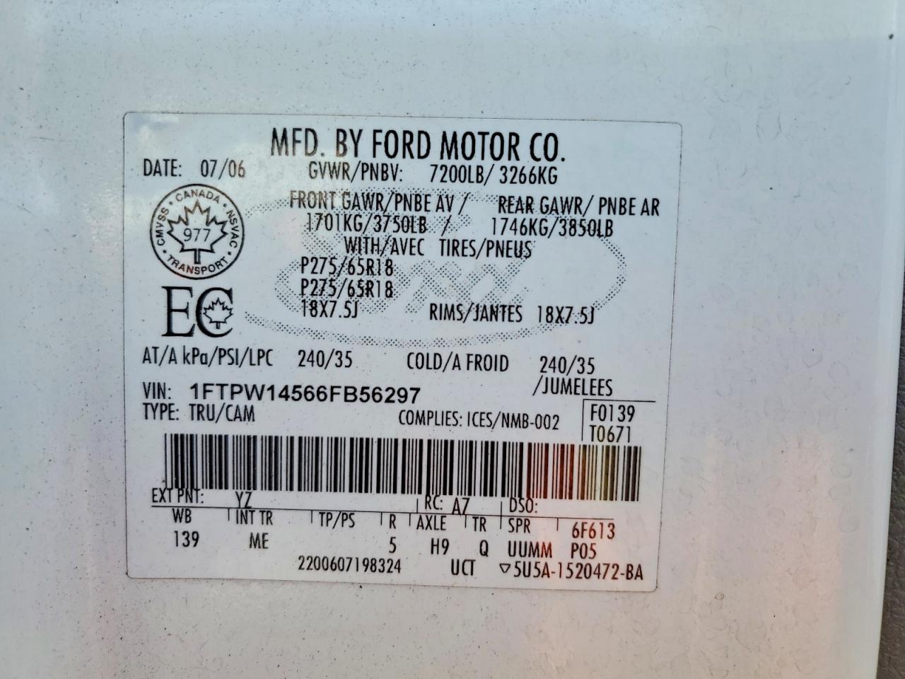 2006 Ford F150 Supercrew White vin: 1FTPW14566FB56297