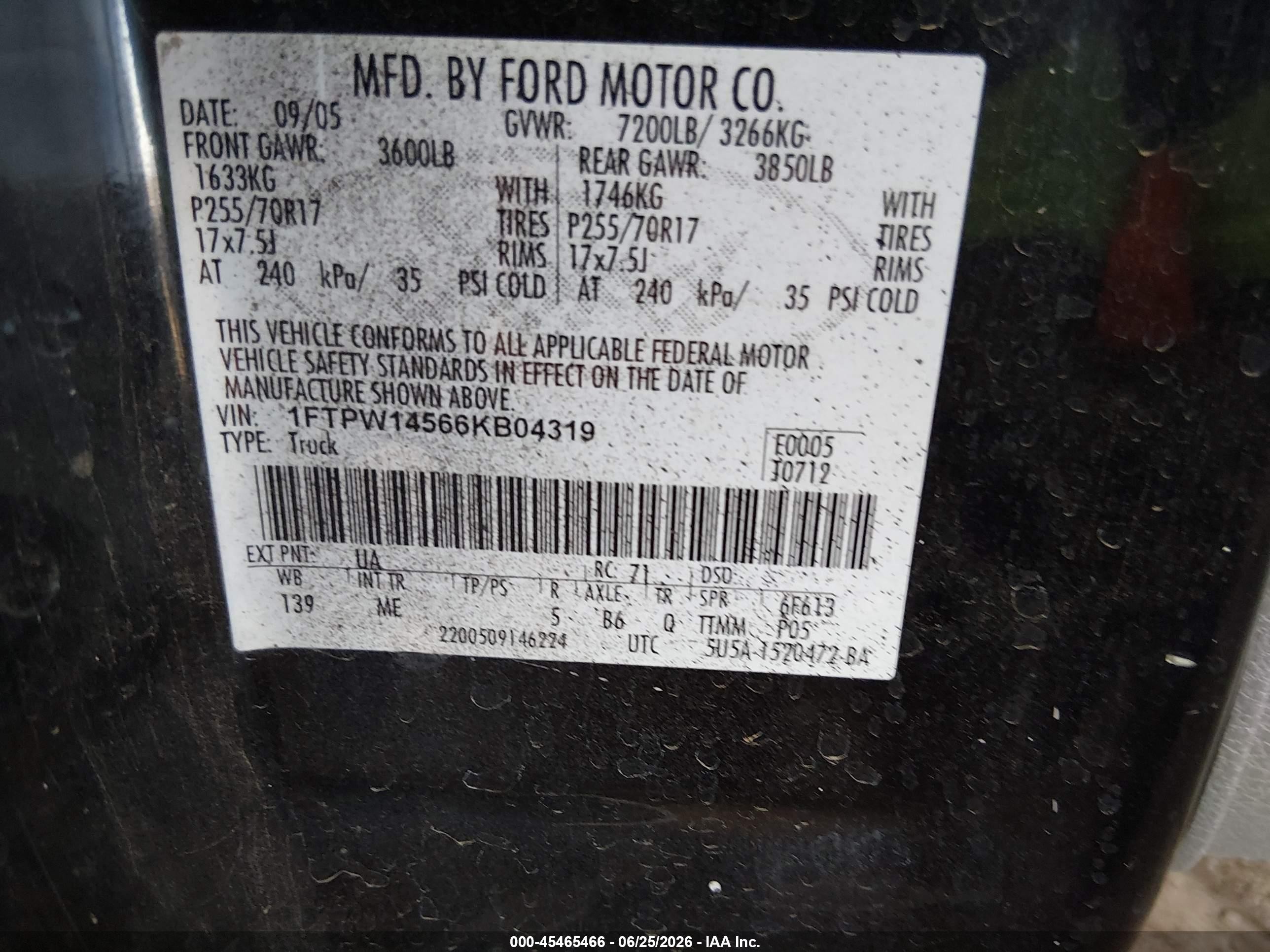 2006 Ford F-150 Fx4/lariat/xlt Black vin: 1FTPW14566KB04319