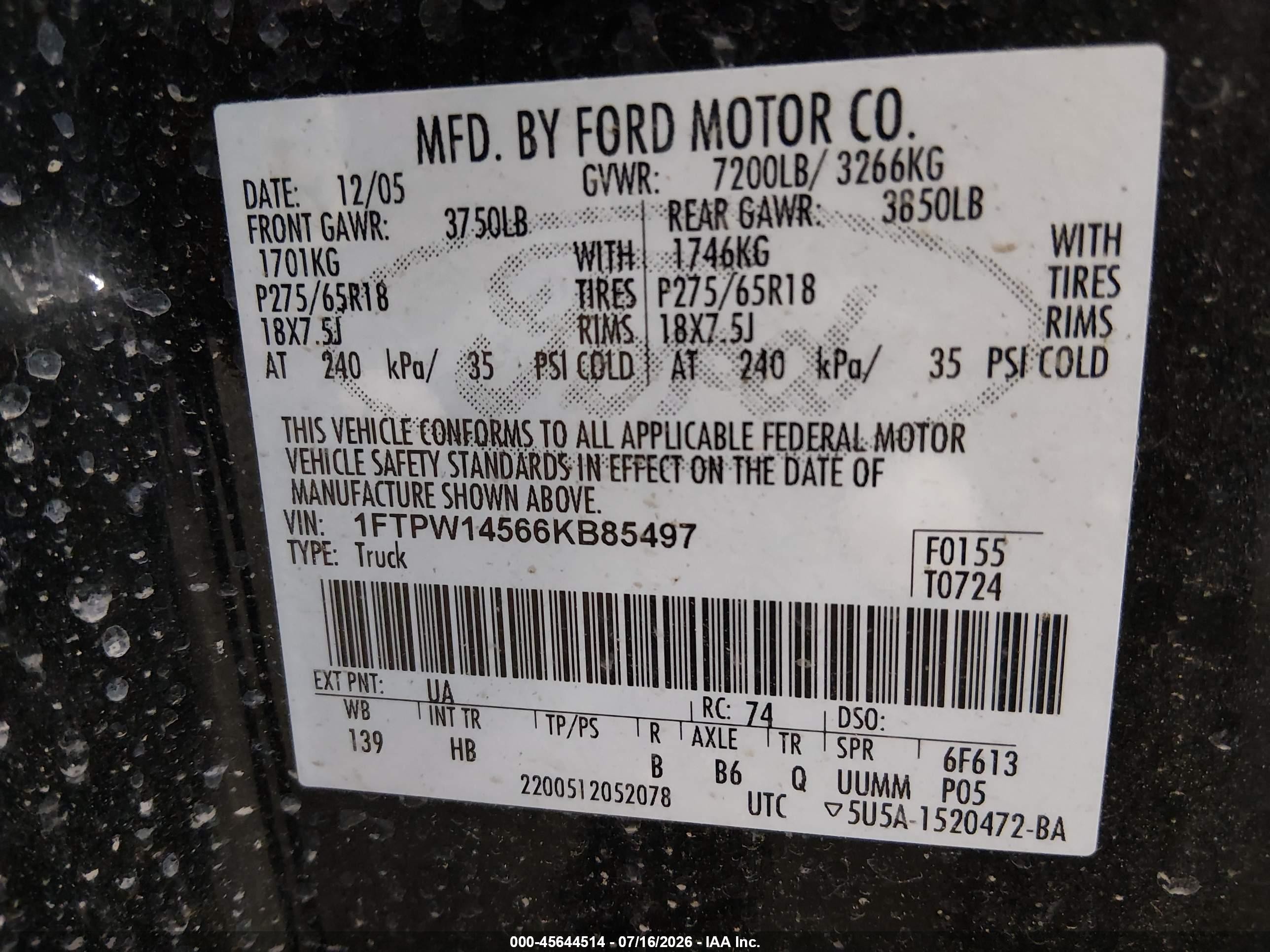 2006 Ford F150 Supercrew Black vin: 1FTPW14566KB85497