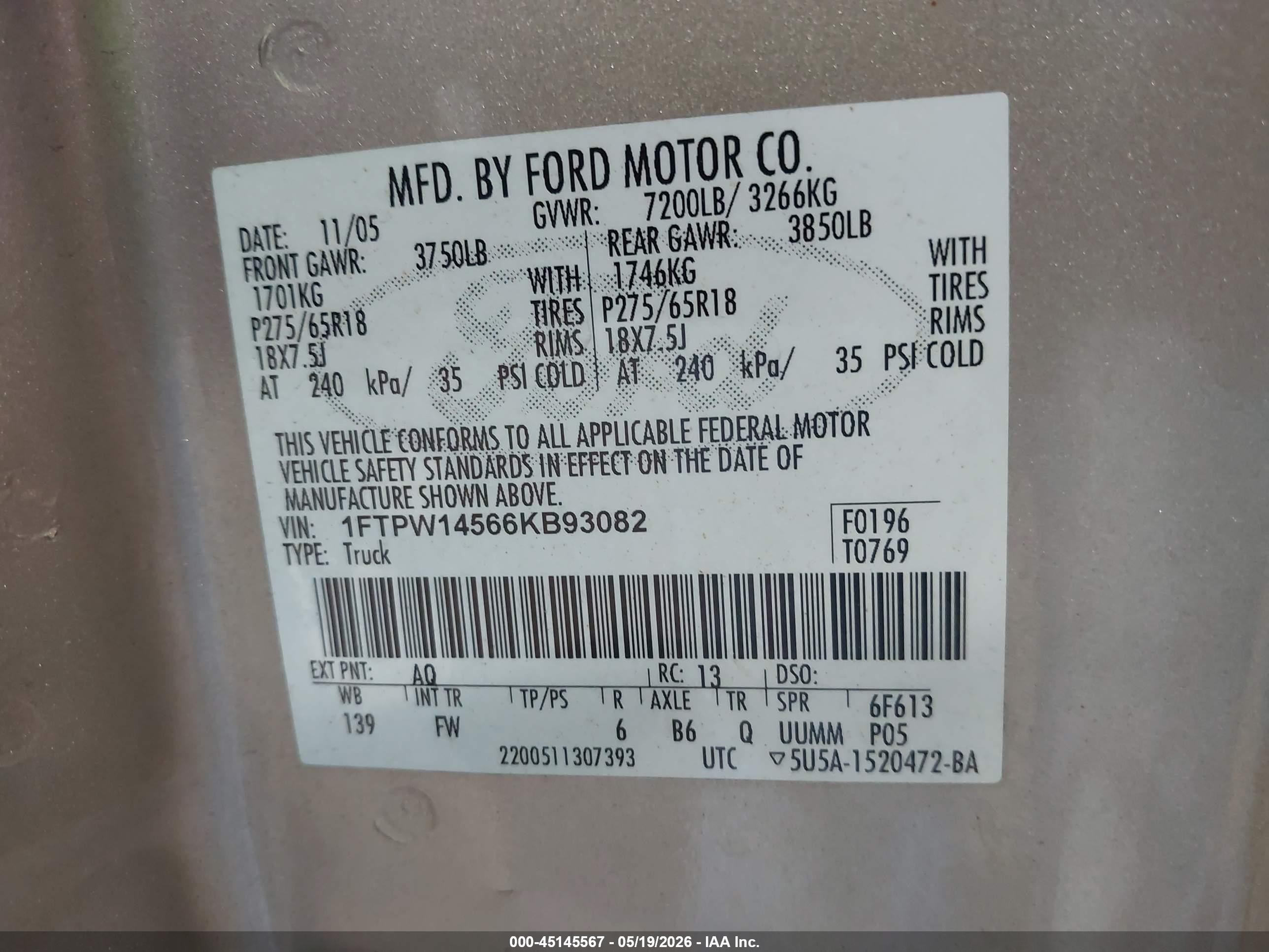 2006 Ford F-150 Fx4/lariat/xlt Tan vin: 1FTPW14566KB93082