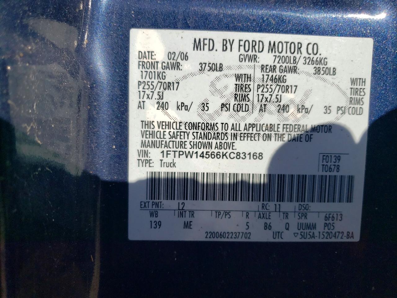 2006 Ford F150 Xlt Blue vin: 1FTPW14566KC83168