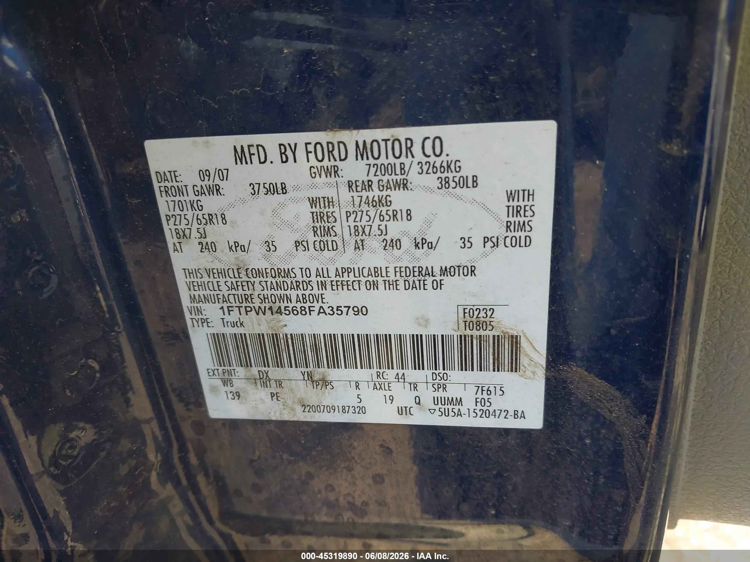 2008 Ford F-150 60th Anniversary/fx4/king Ranch/lariat/limited/xlt Синий vin: 1FTPW14568FA35790