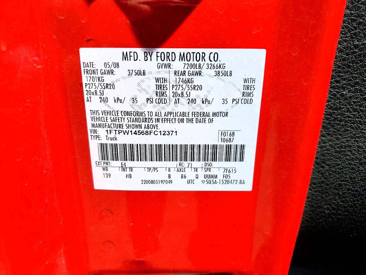 2008 Ford F150 Supercrew Red vin: 1FTPW14568FC12371