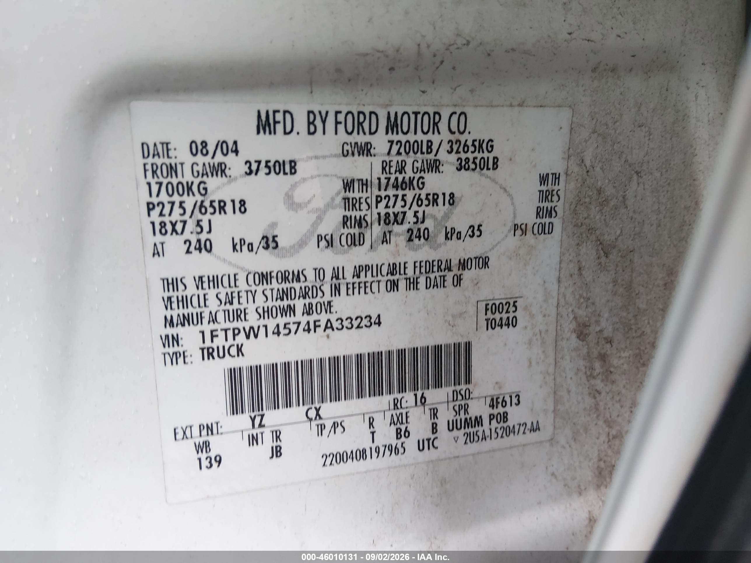 2004 Ford F-150 Fx4/lariat/xlt White vin: 1FTPW14574FA33234
