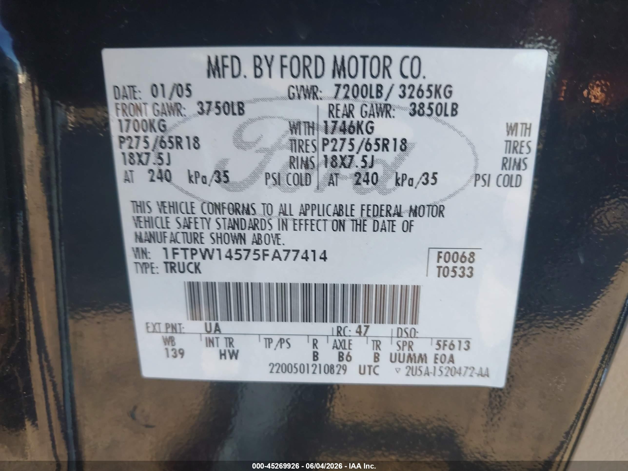 2005 Ford F-150 Fx4/lariat/xlt Black vin: 1FTPW14575FA77414