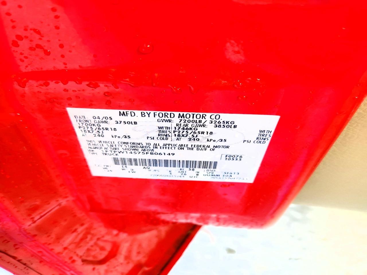 2005 Ford F150 Supercrew Red vin: 1FTPW14575FB06149