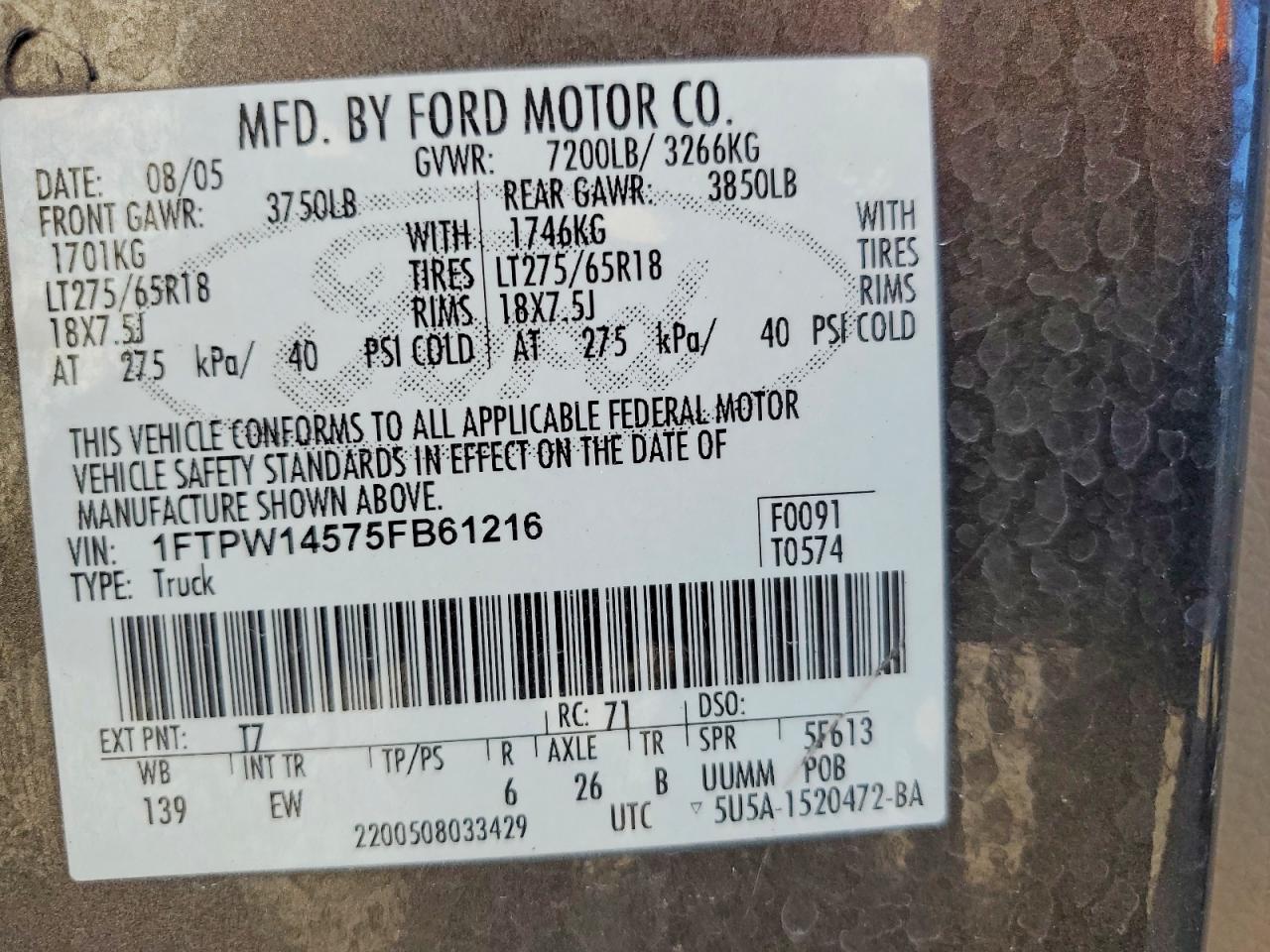 2005 Ford F150 Supercrew Gray vin: 1FTPW14575FB61216
