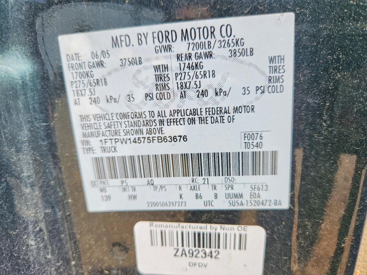 2005 Ford F150 Supercrew Зеленый vin: 1FTPW14575FB63676