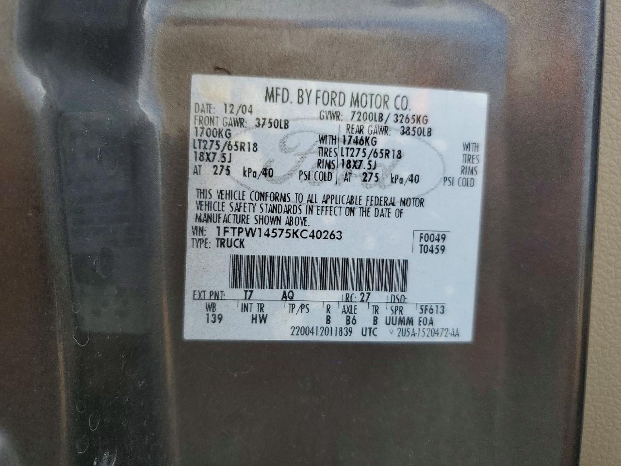 2005 Ford F150 Supercrew Gray vin: 1FTPW14575KC40263