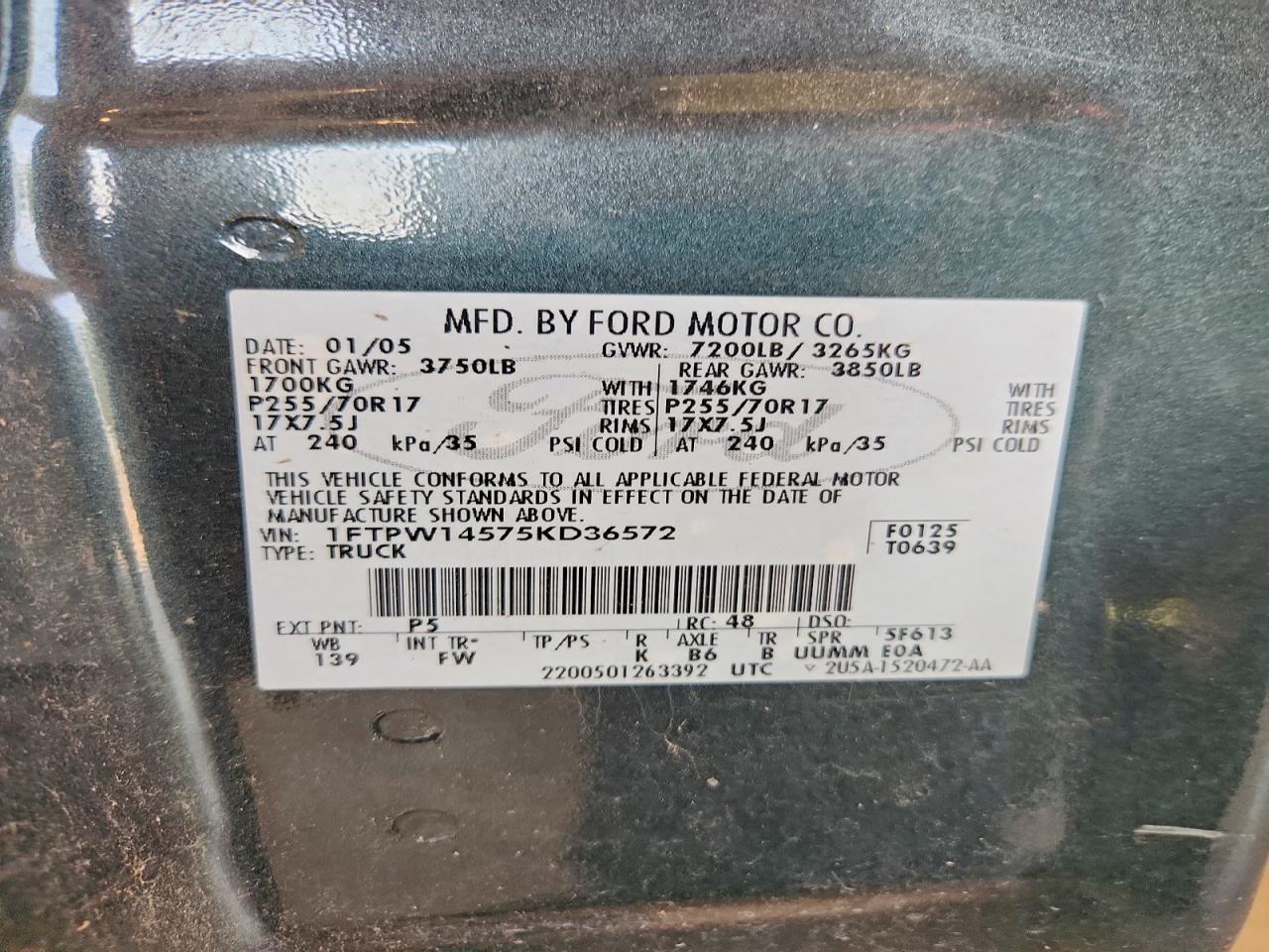 2005 Ford F150 Supercrew Green vin: 1FTPW14575KD36572