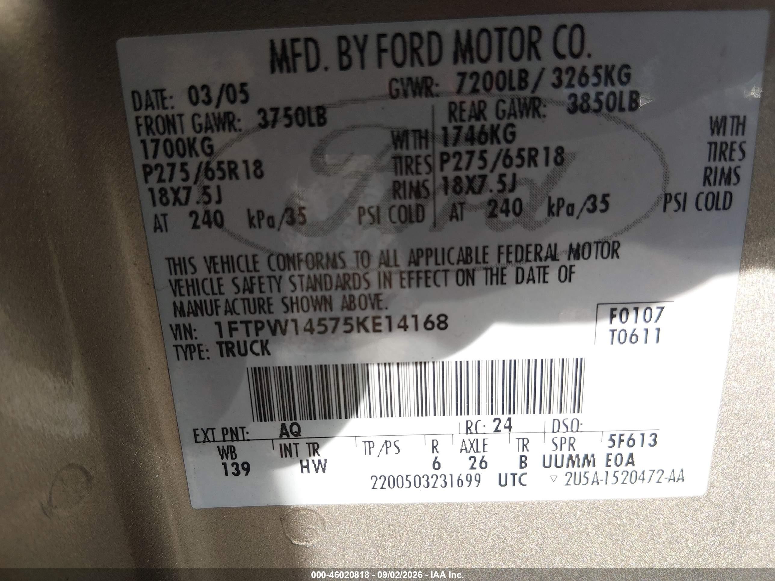 2005 Ford F-150 Fx4/lariat/xlt Beige vin: 1FTPW14575KE14168