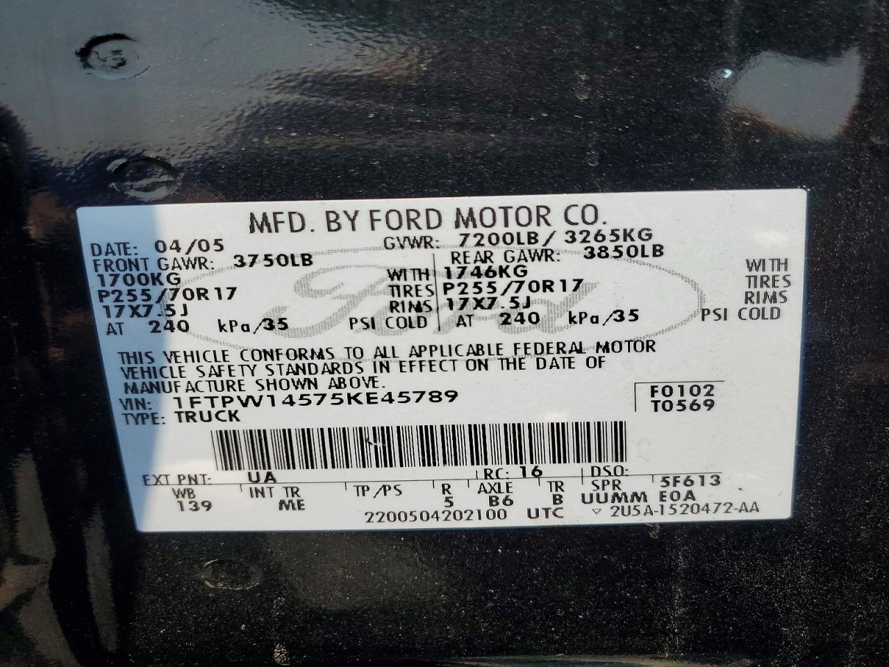 2005 Ford F150 Supercrew Black vin: 1FTPW14575KE45789