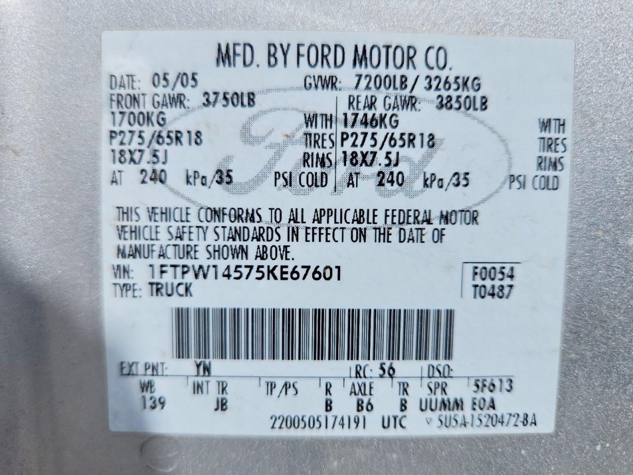2005 Ford F150 Supercrew Silver vin: 1FTPW14575KE67601