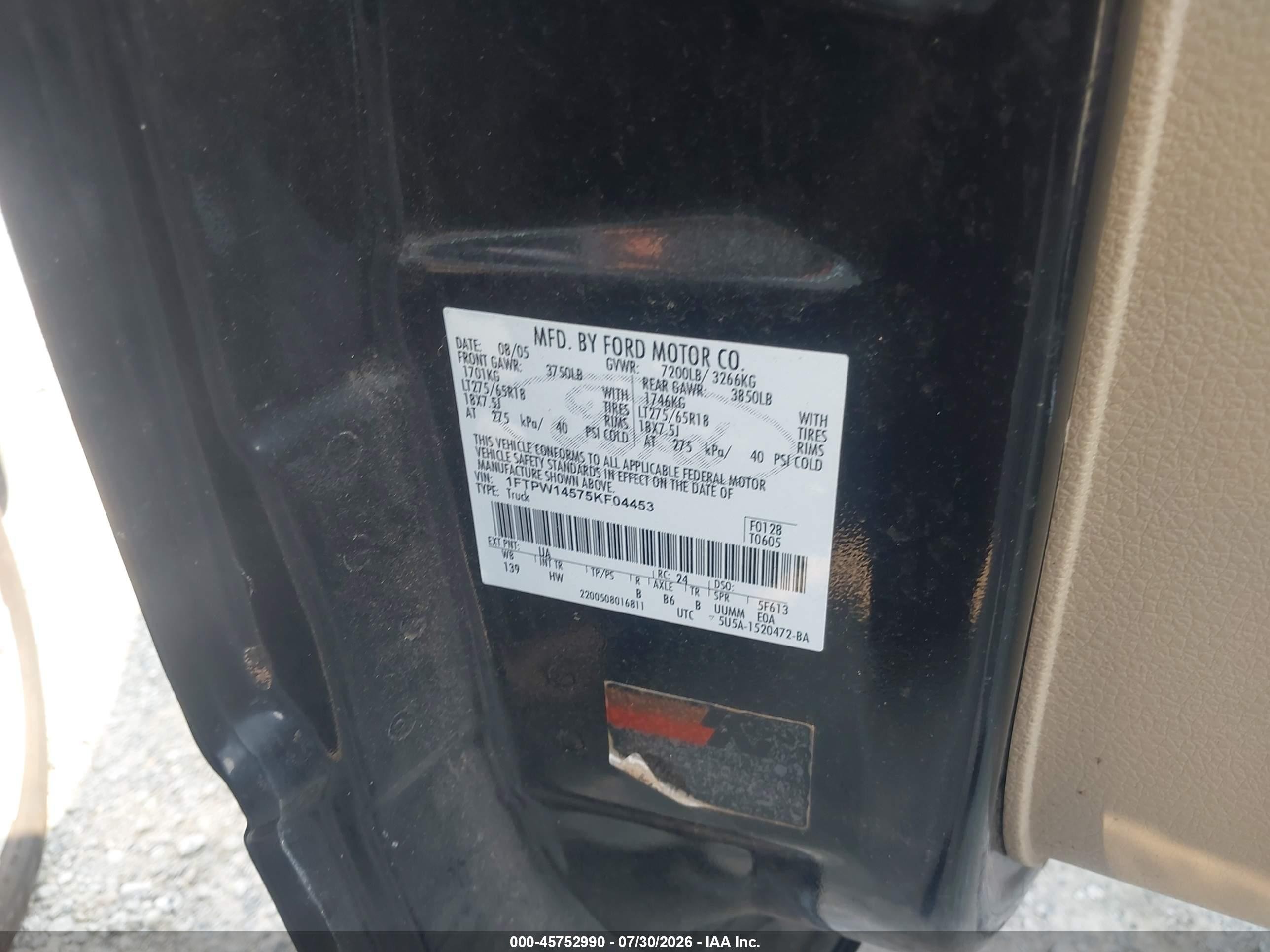 2005 Ford F-150 Fx4/lariat/xlt Black vin: 1FTPW14575KF04453