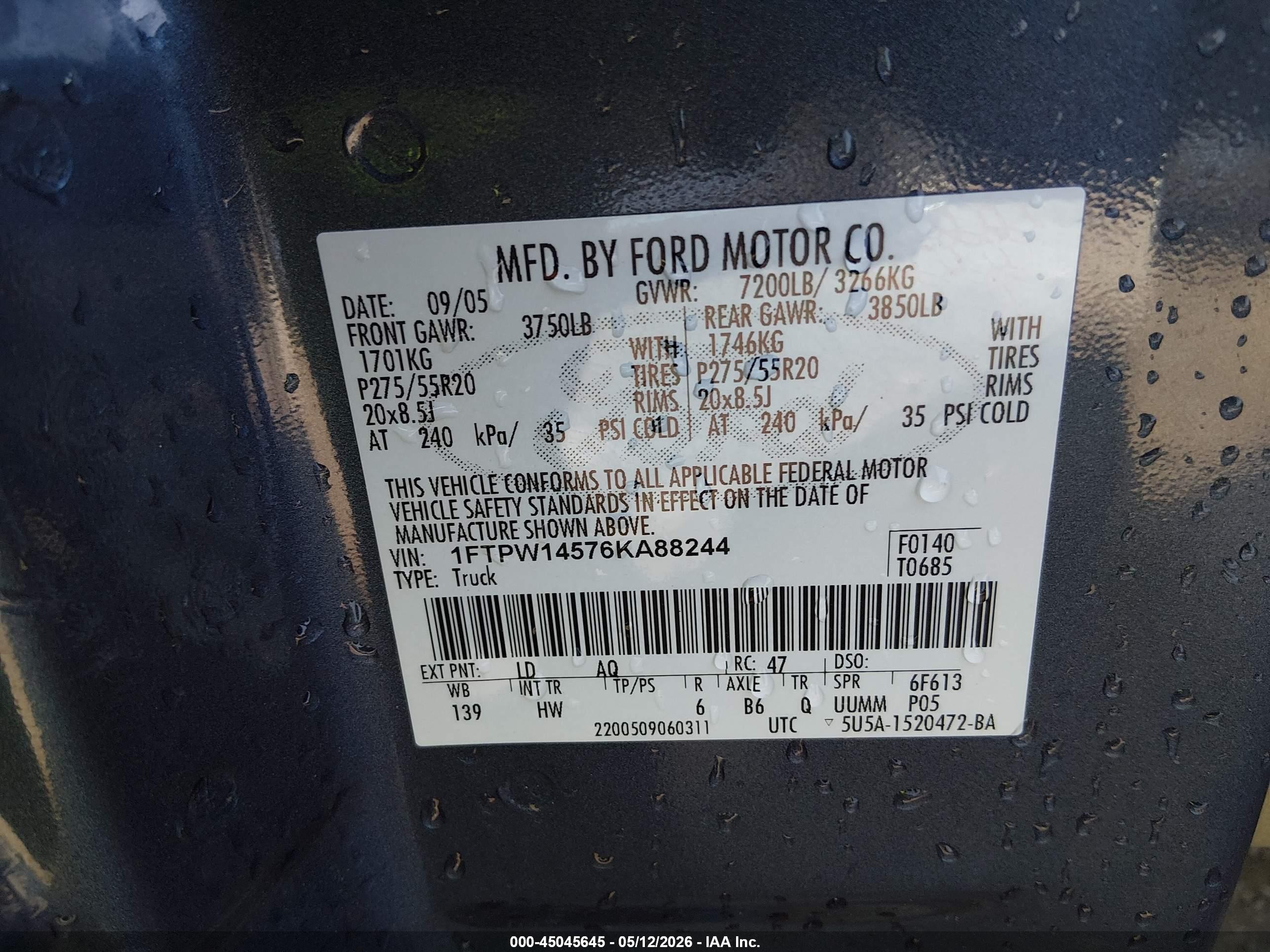 2006 Ford F-150 Fx4/lariat/xlt Blue vin: 1FTPW14576KA88244