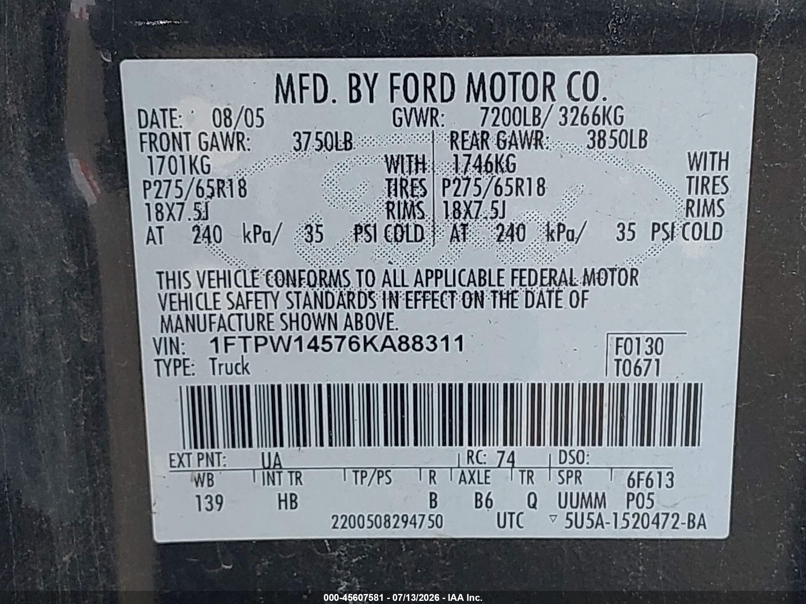 2006 Ford F-150 Fx4/lariat/xlt Black vin: 1FTPW14576KA88311