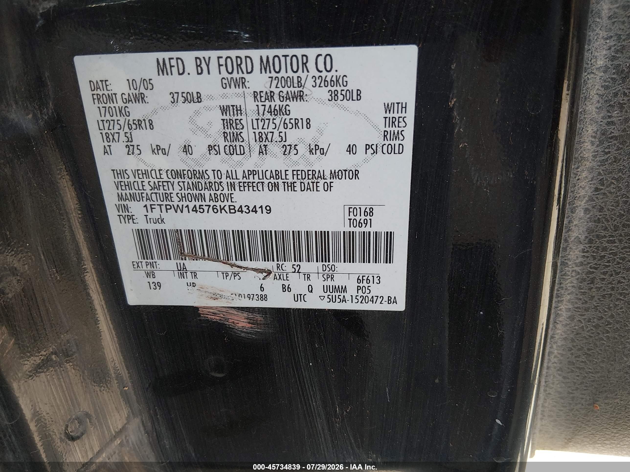 2006 Ford F-150 Fx4/lariat/xlt Black vin: 1FTPW14576KB43419