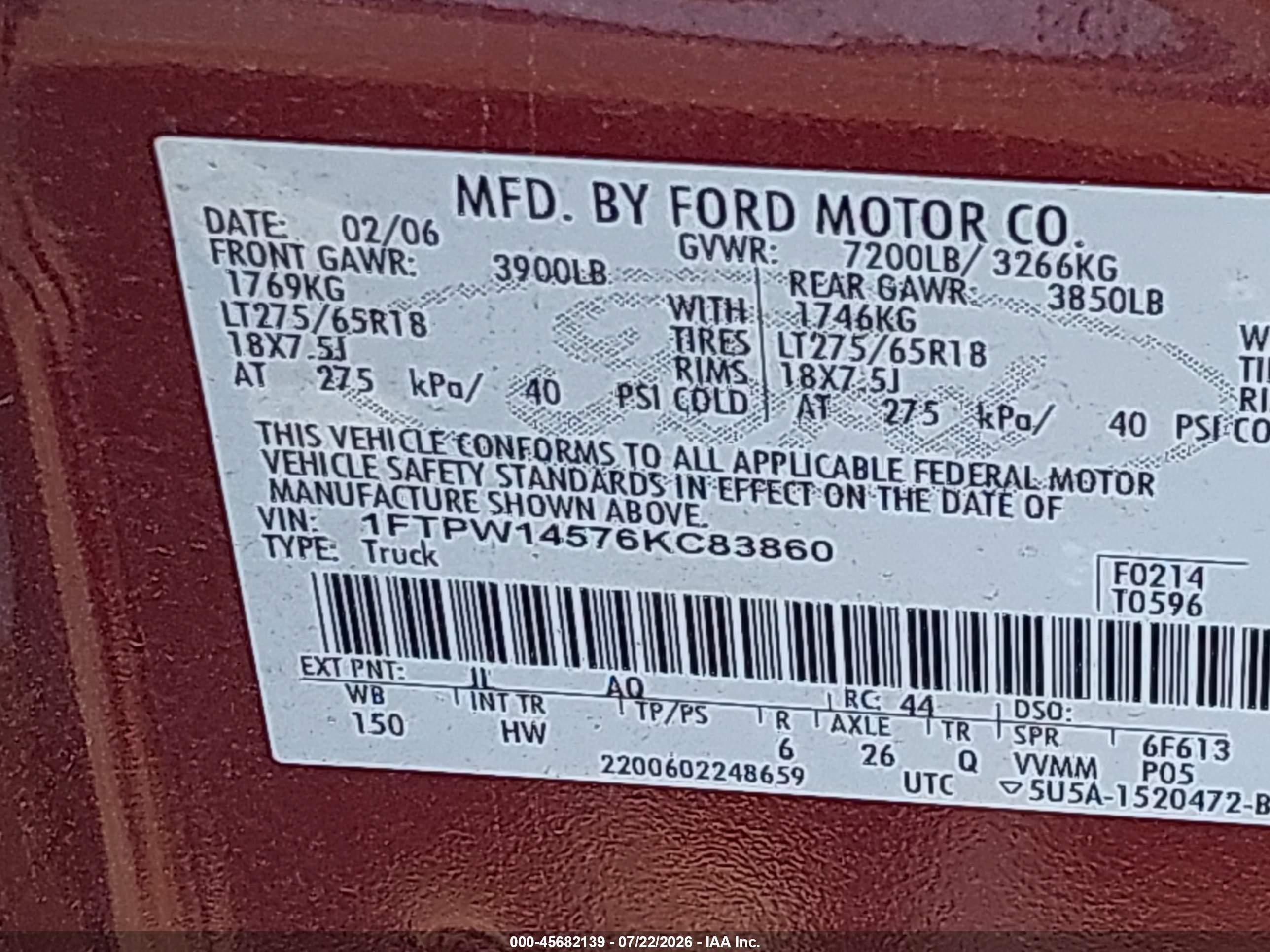 2006 Ford F-150 Fx4/lariat/xlt Red vin: 1FTPW14576KC83860