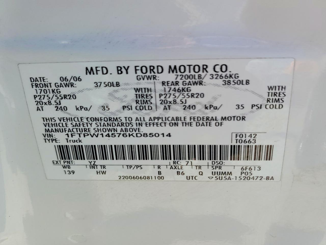2006 Ford F150 Supercrew White vin: 1FTPW14576KD85014