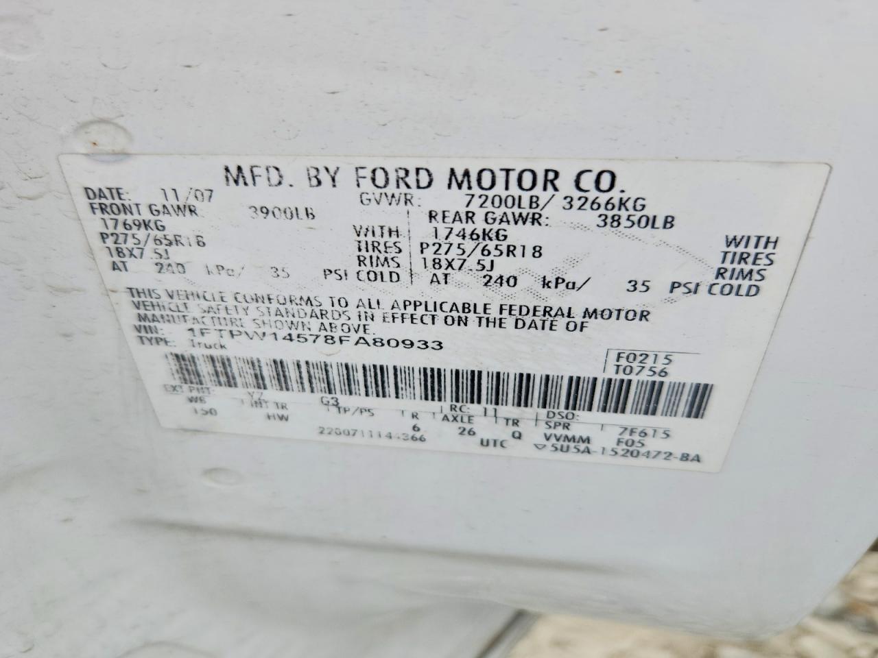 2008 Ford F150 Supercrew White vin: 1FTPW14578FA80933