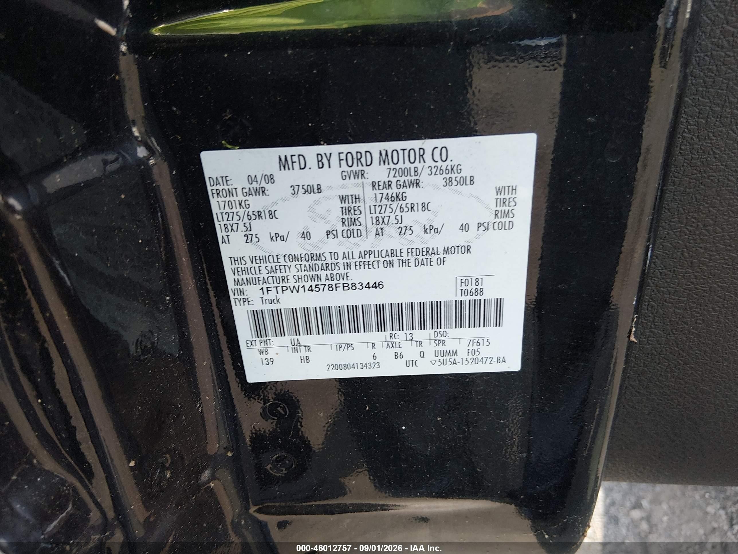 2008 Ford F-150 Lariat Black vin: 1FTPW14578FB83446