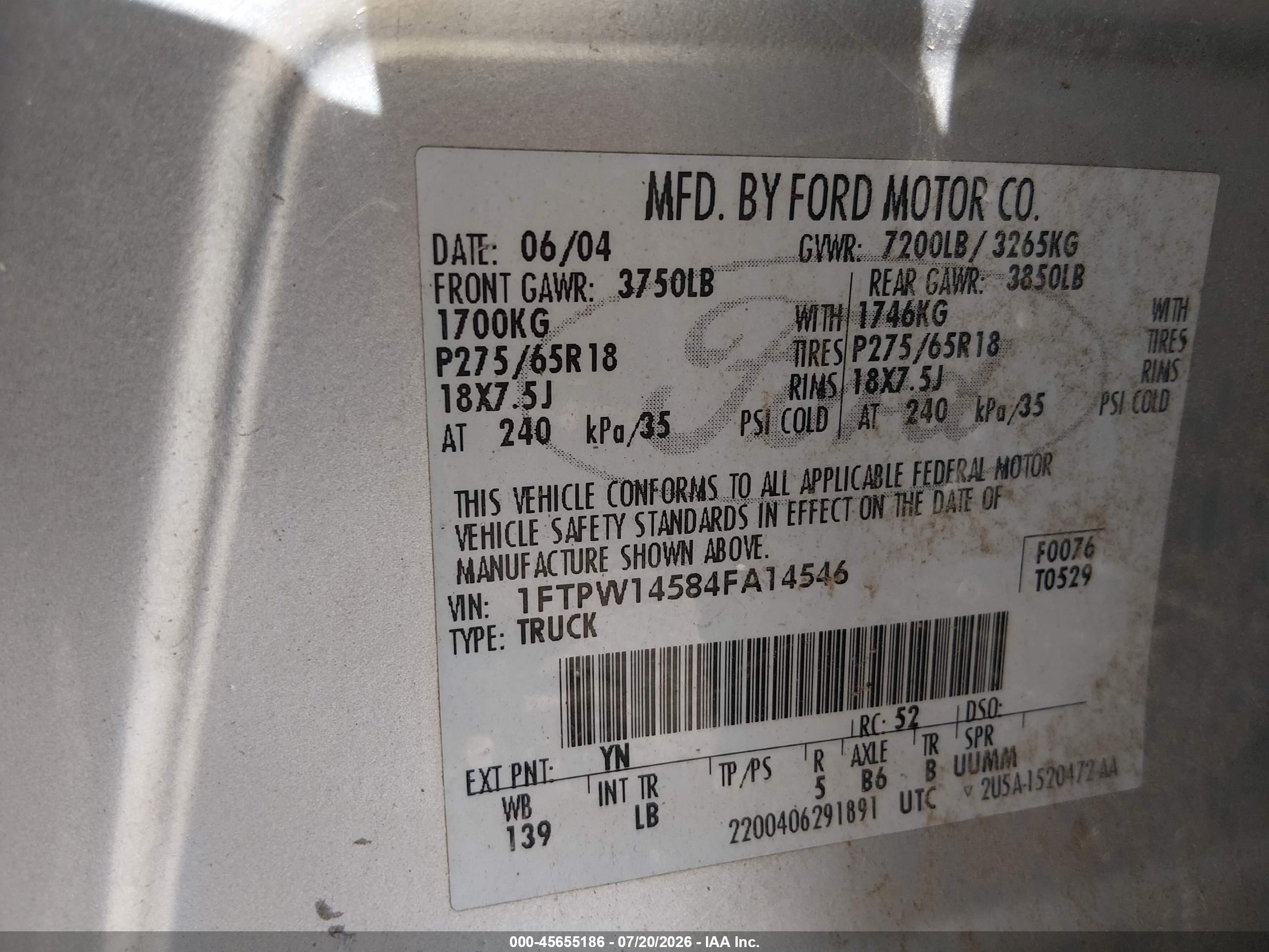 2004 Ford F-150 Fx4/lariat/xlt Silver vin: 1FTPW14584FA14546