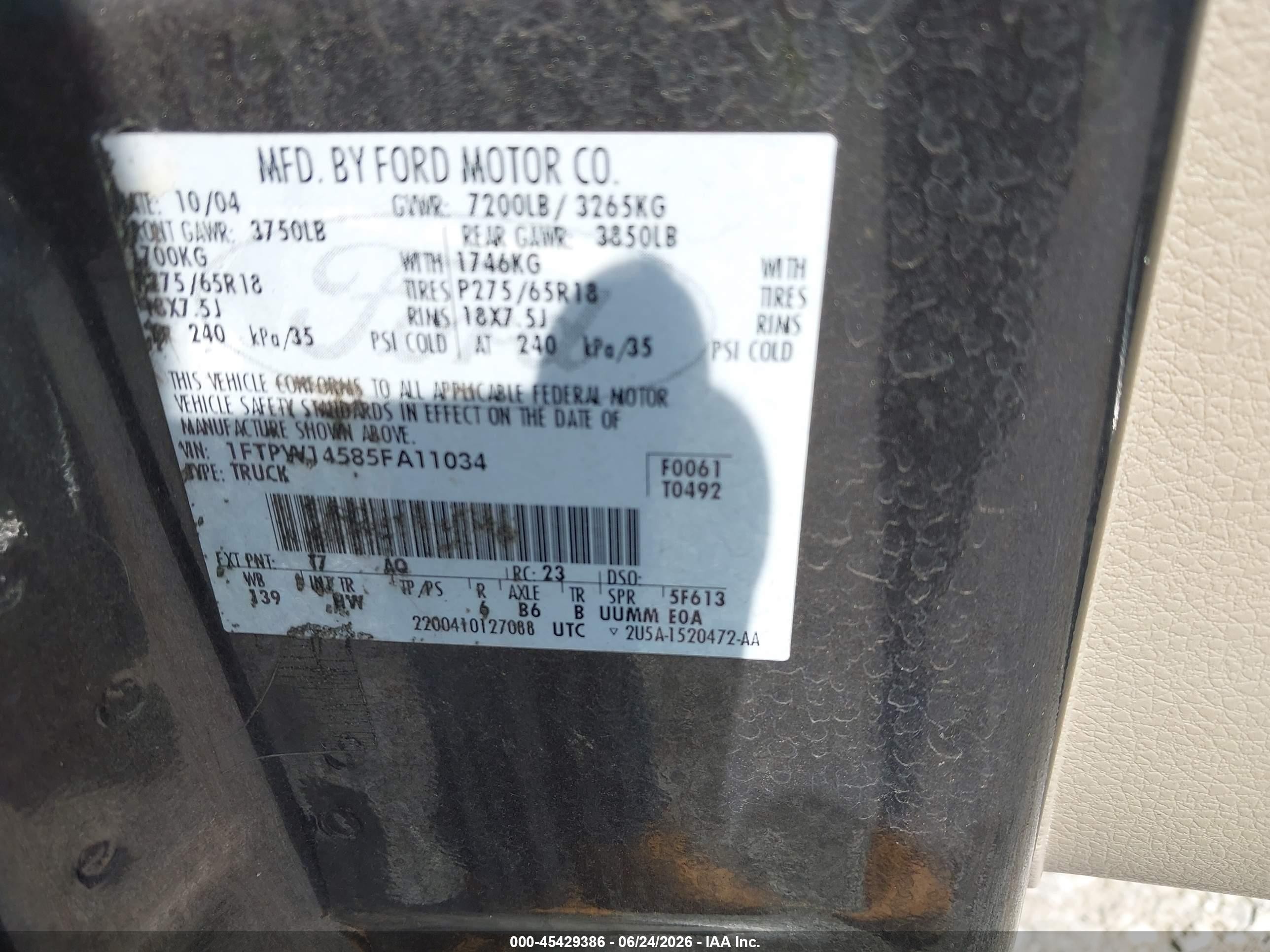 2005 Ford F-150 Fx4/lariat/xlt Black vin: 1FTPW14585FA11034