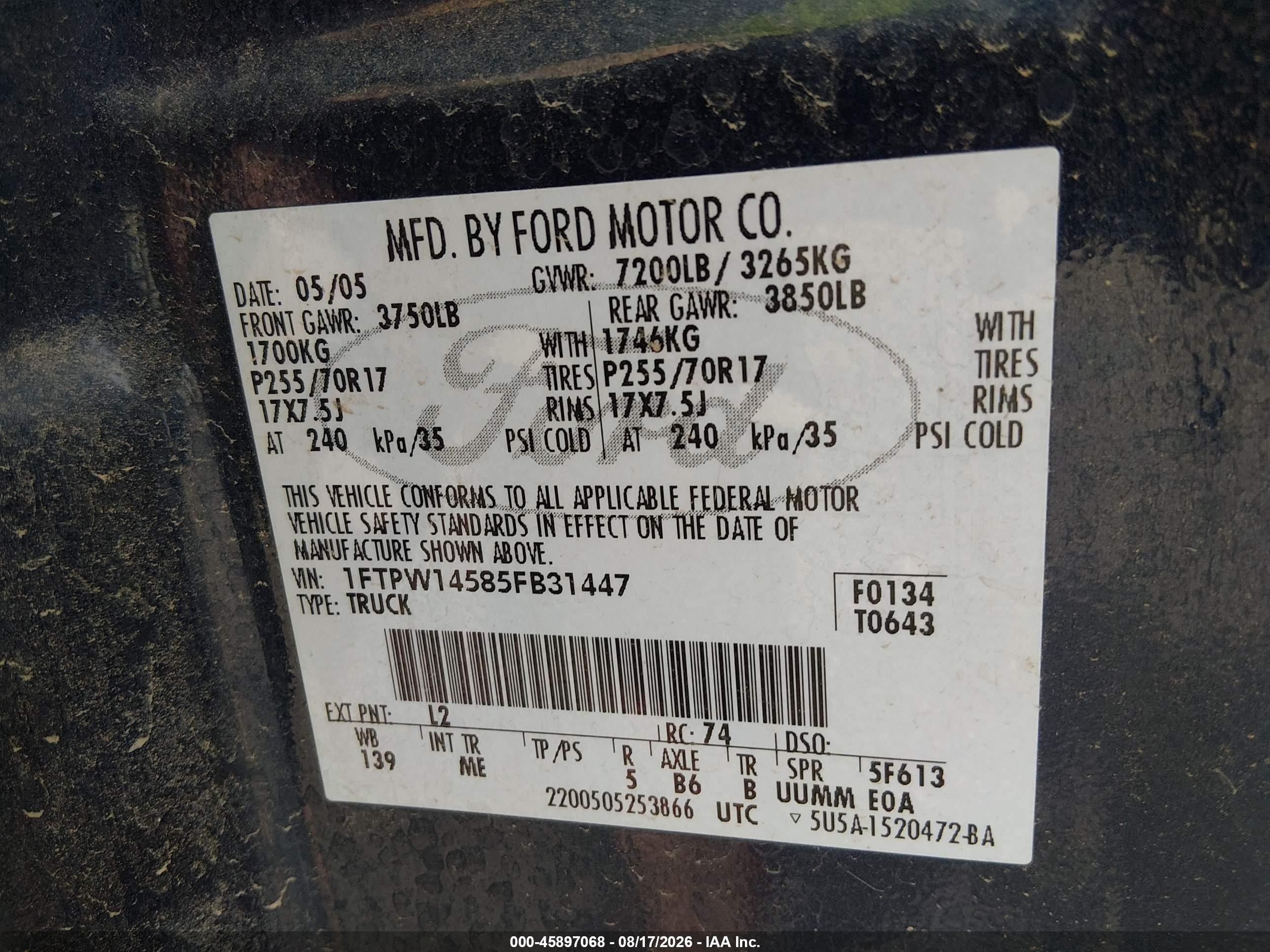 2005 Ford F-150 Fx4/lariat/xlt Blue vin: 1FTPW14585FB31447