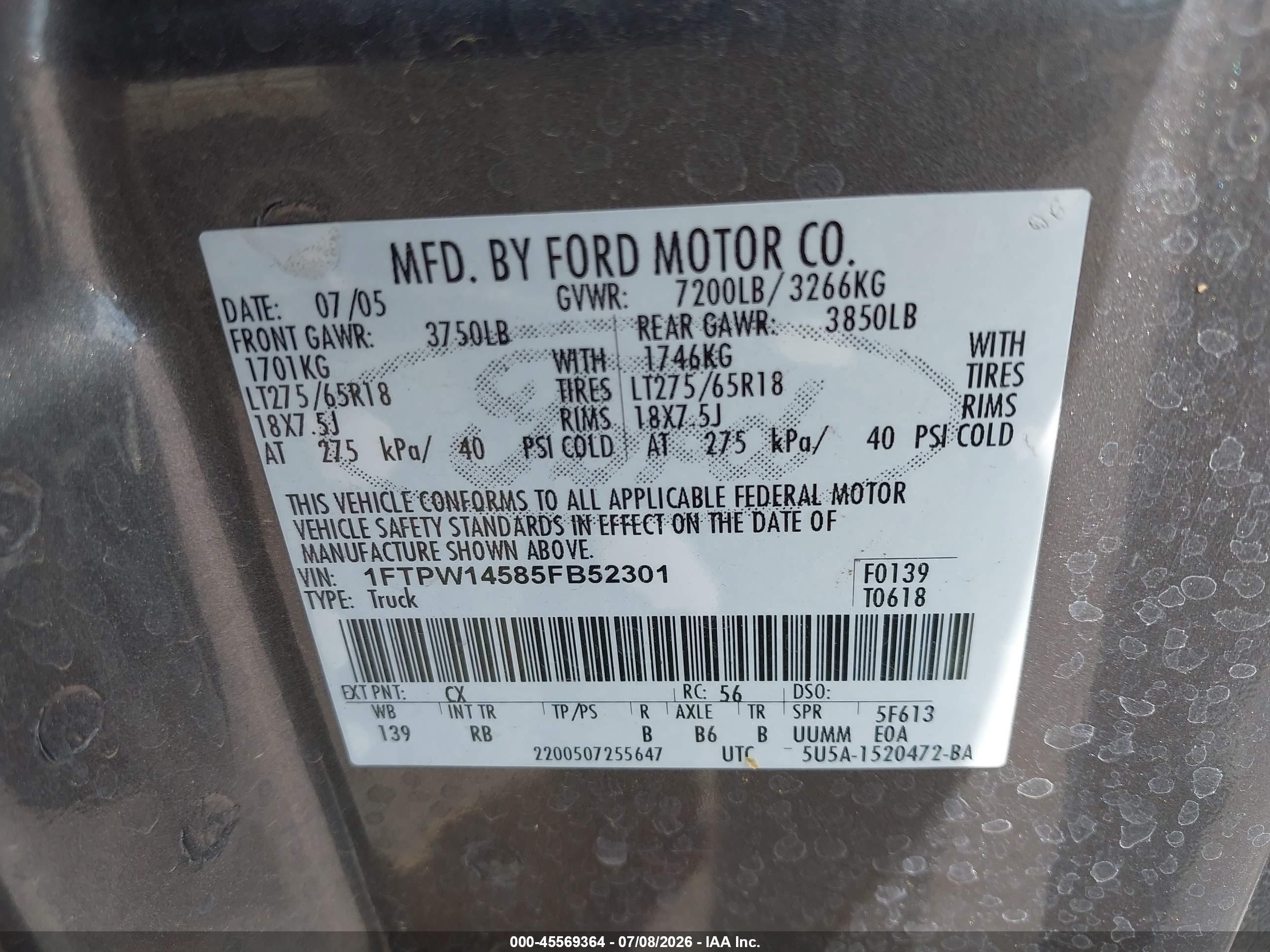 2005 Ford F-150 Fx4/lariat/xlt Brown vin: 1FTPW14585FB52301