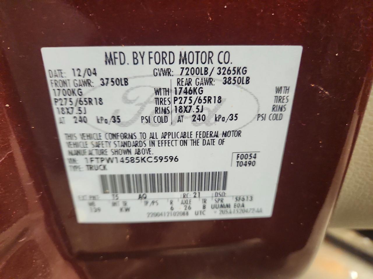 2005 Ford F150 Supercrew Burgundy vin: 1FTPW14585KC59596