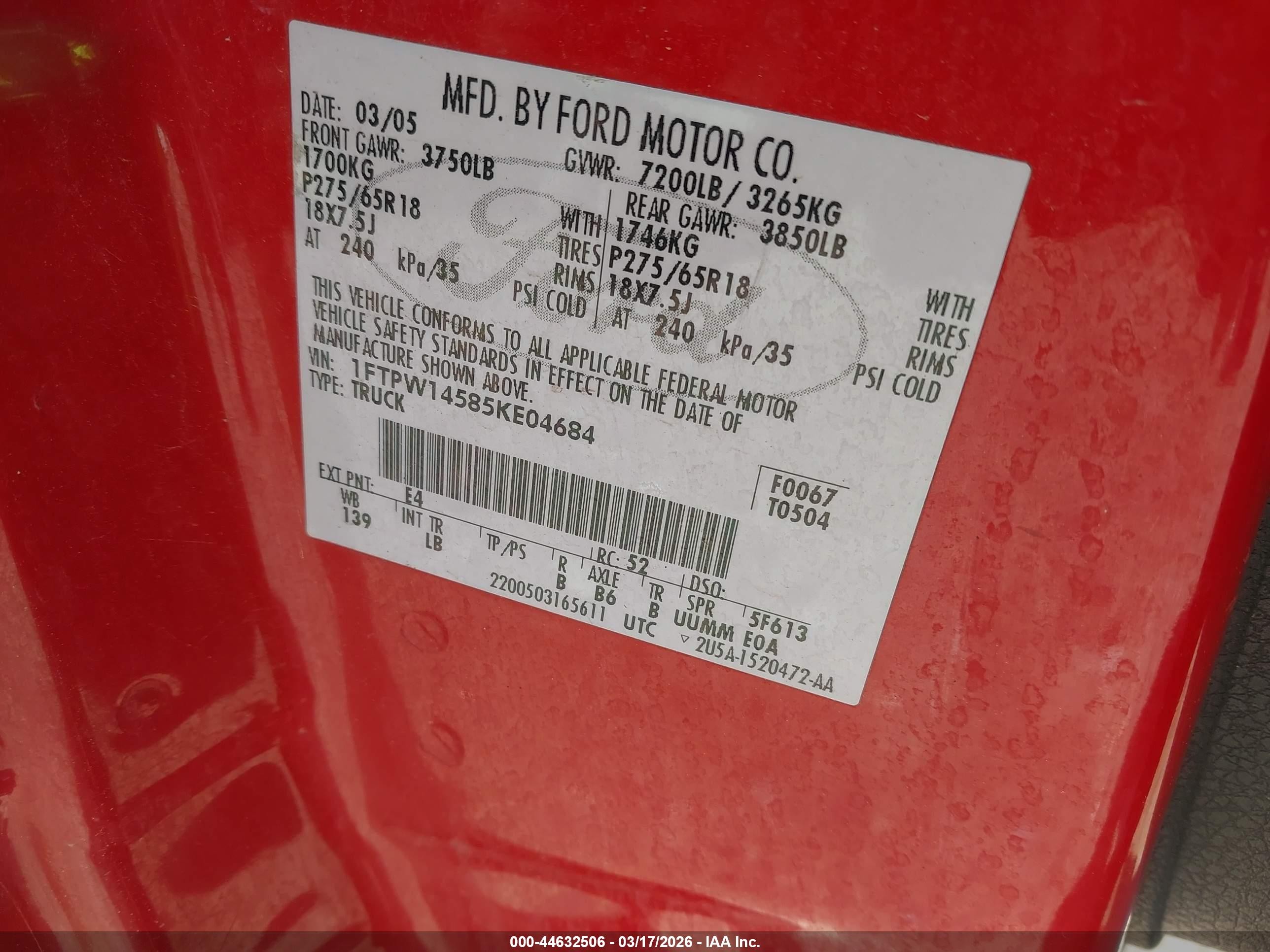 2005 Ford F-150 Fx4/lariat/xlt Red vin: 1FTPW14585KE04684