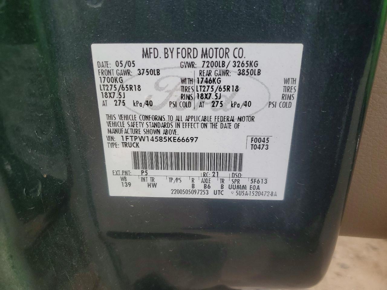 2005 Ford F150 Supercrew Green vin: 1FTPW14585KE66697
