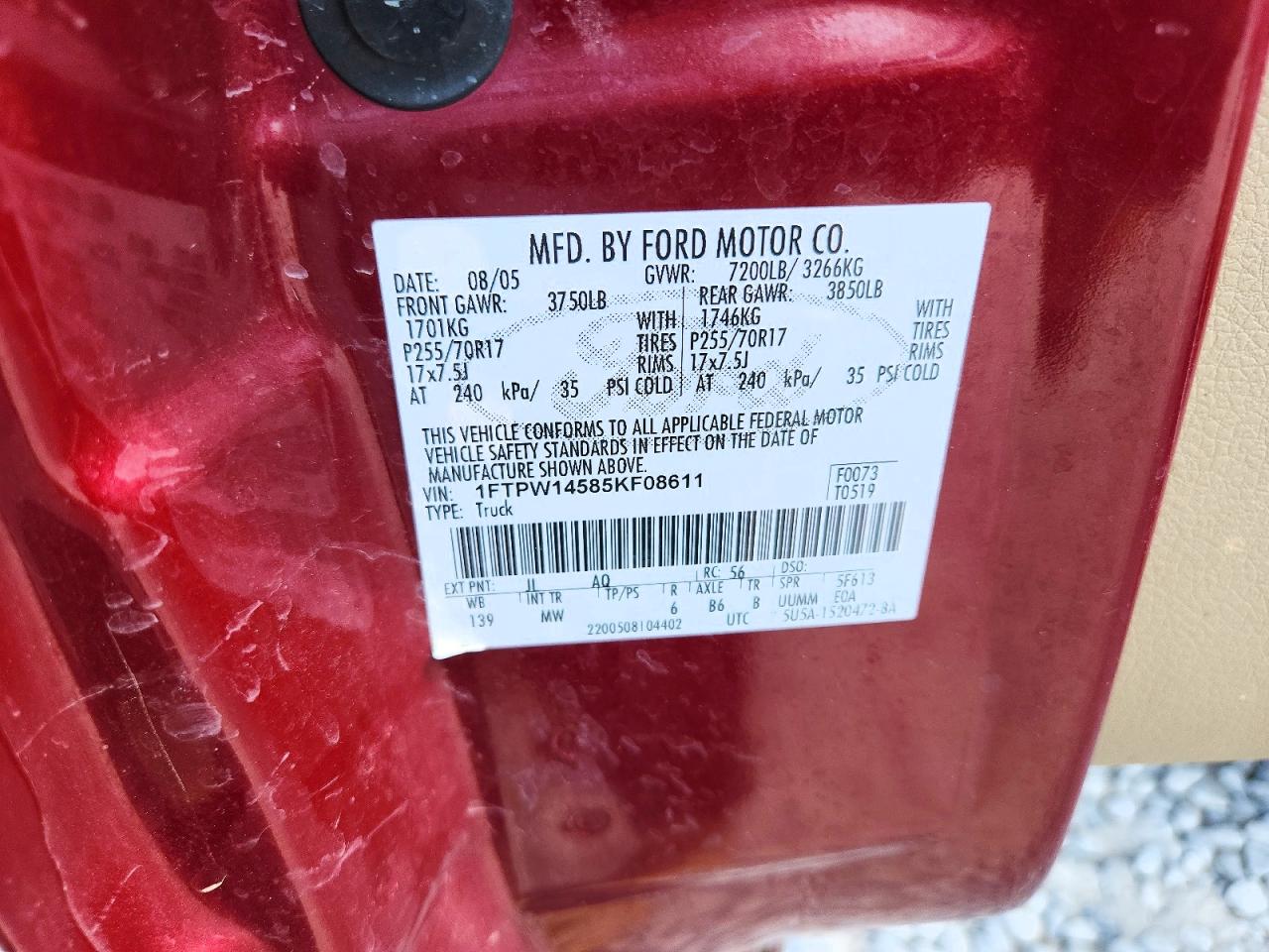 2005 Ford F150 Supercrew Burgundy vin: 1FTPW14585KF08611