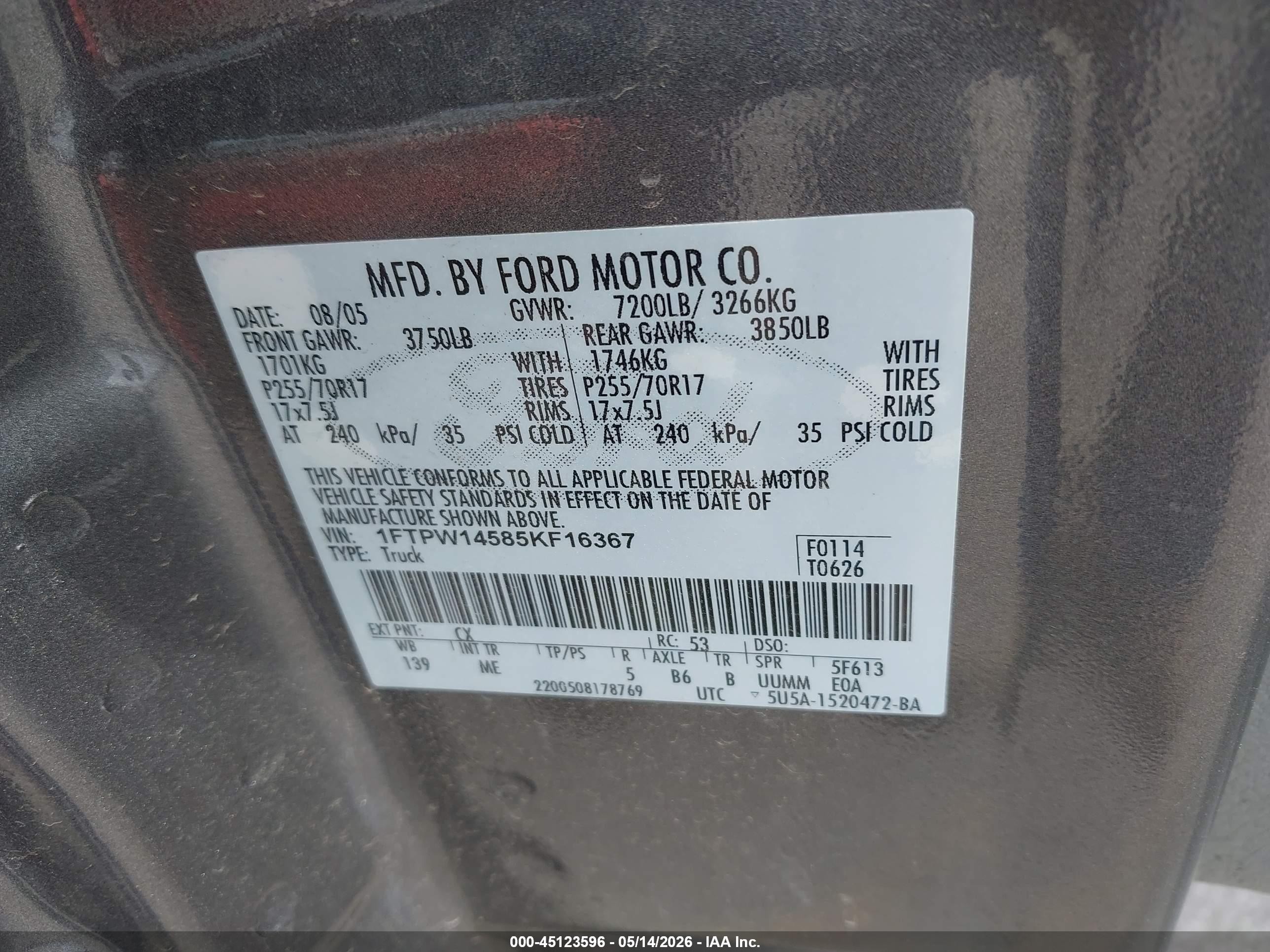 2005 Ford F-150   Brown vin: 1FTPW14585KF16367