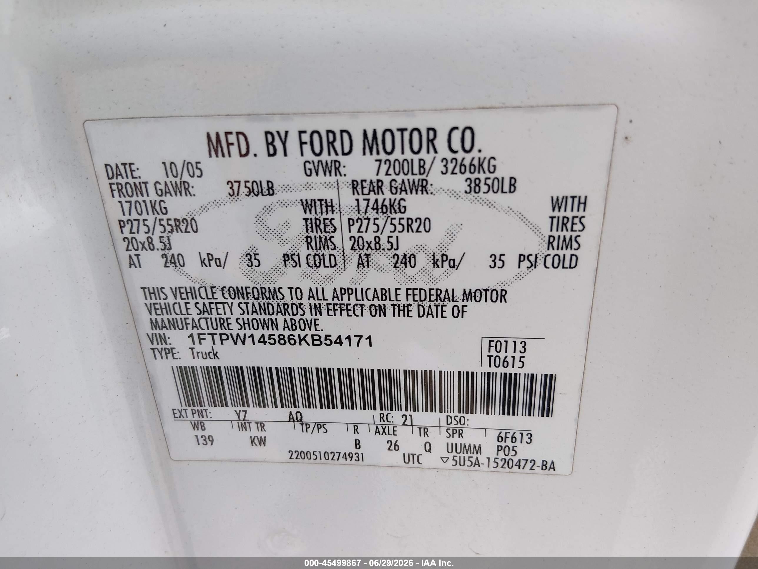 2006 Ford F-150 Fx4/lariat/xlt White vin: 1FTPW14586KB54171