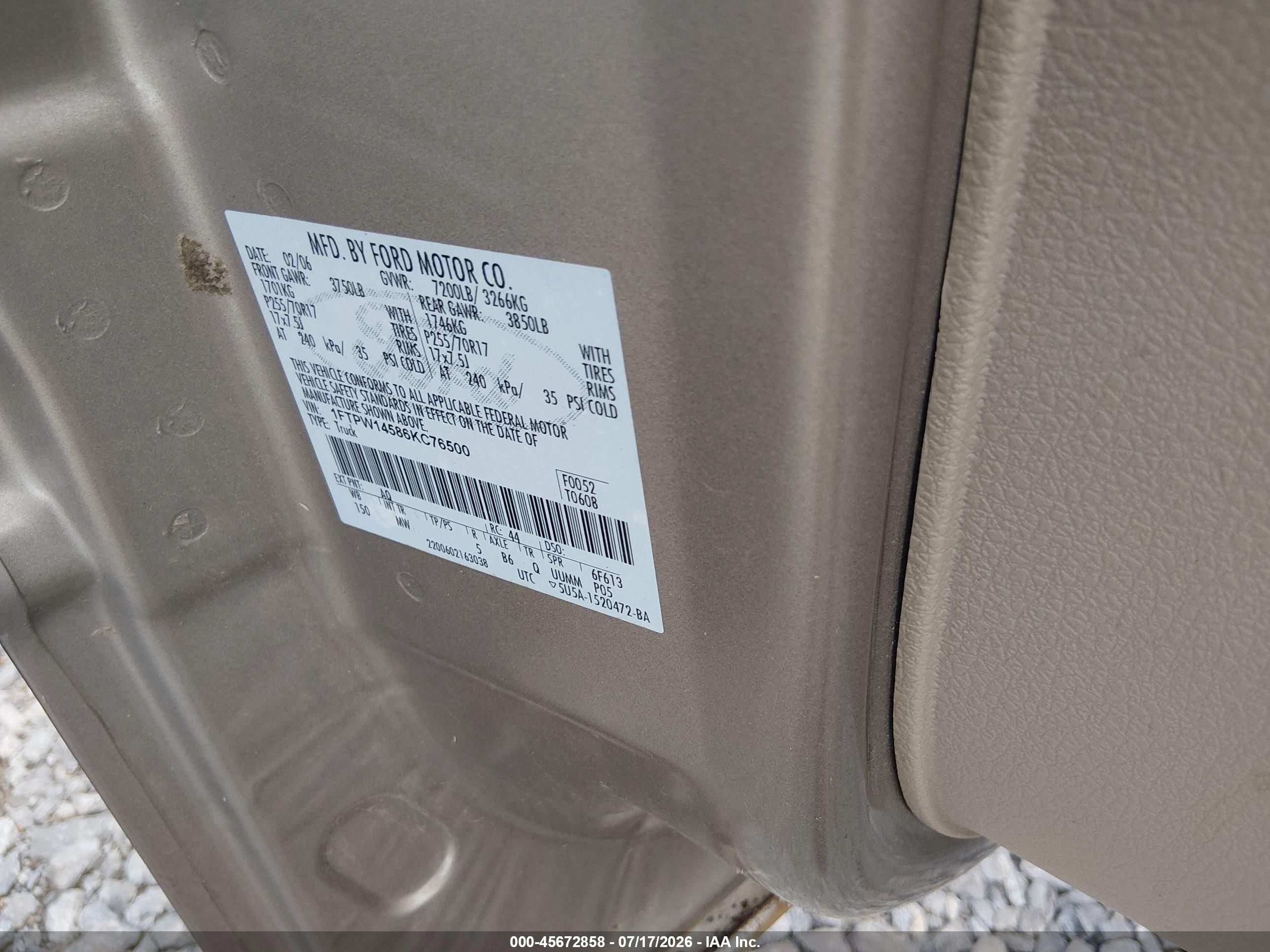 2006 Ford F-150 Fx4/lariat/xlt Beige vin: 1FTPW14586KC76500