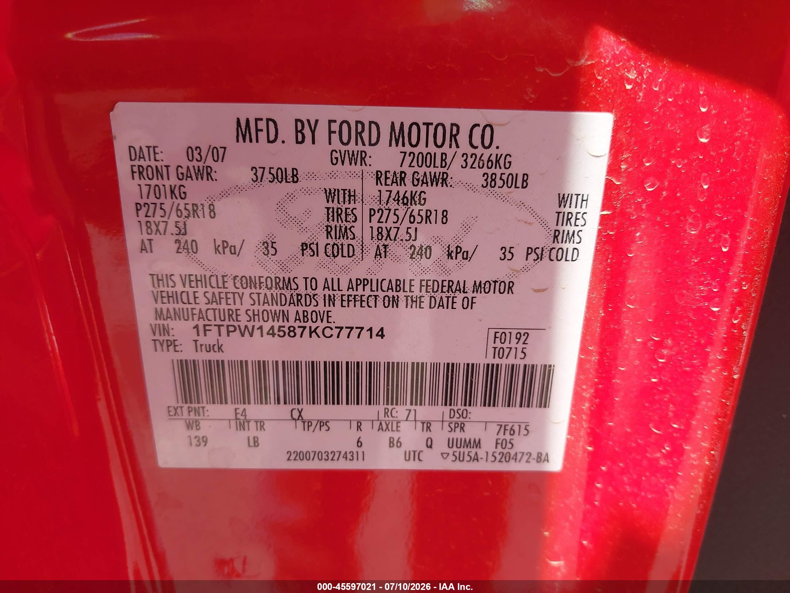 2007 Ford F-150 Fx4/lariat/xlt Red vin: 1FTPW14587KC77714