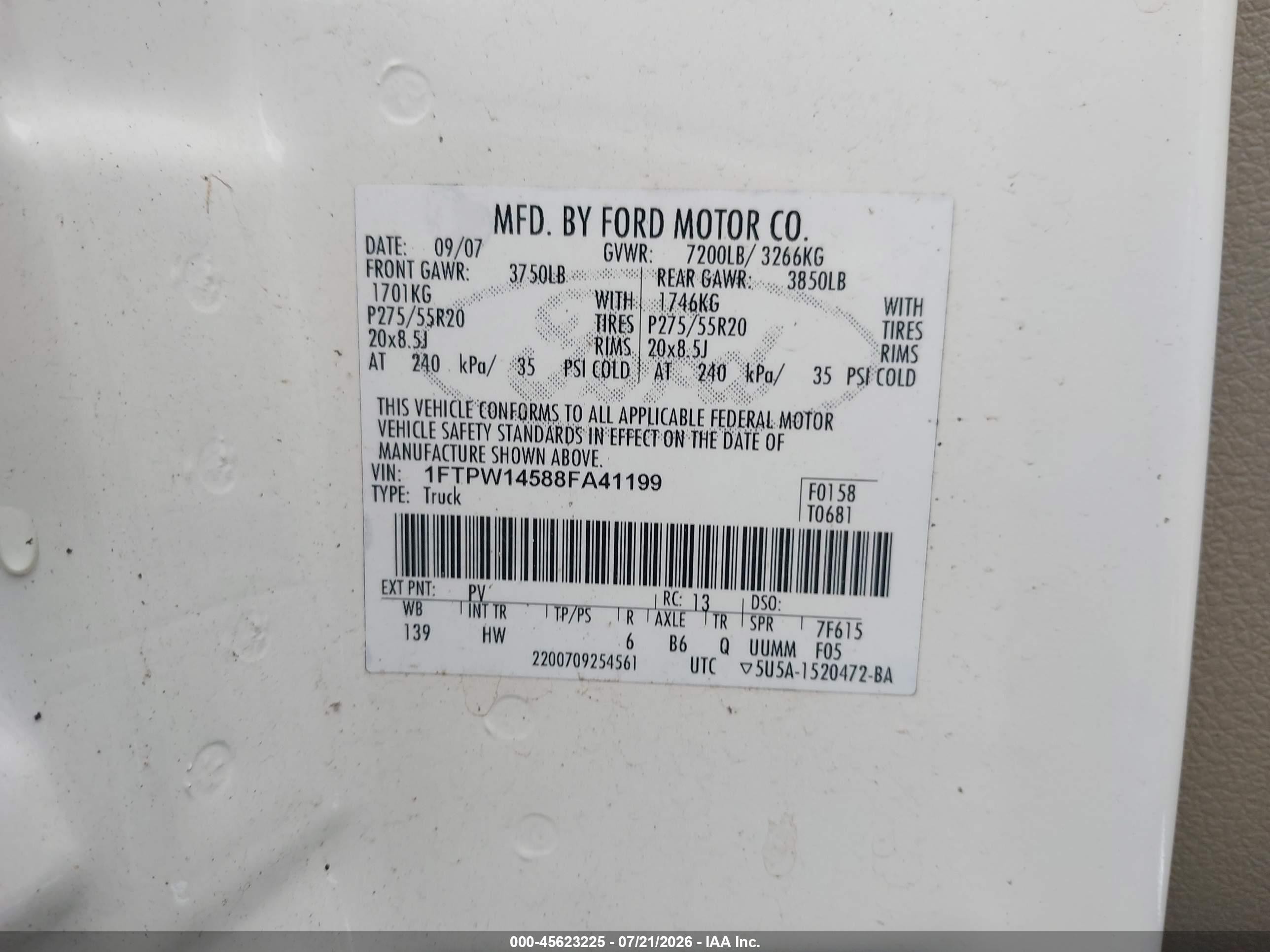 2008 Ford F-150 Lariat White vin: 1FTPW14588FA41199