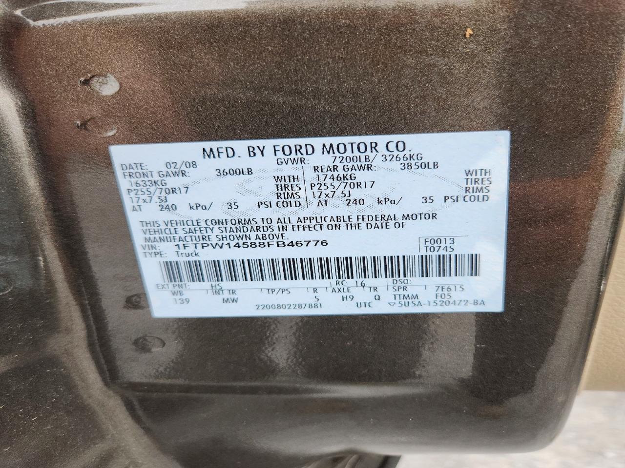 2008 Ford F150 Supercrew Charcoal vin: 1FTPW14588FB46776