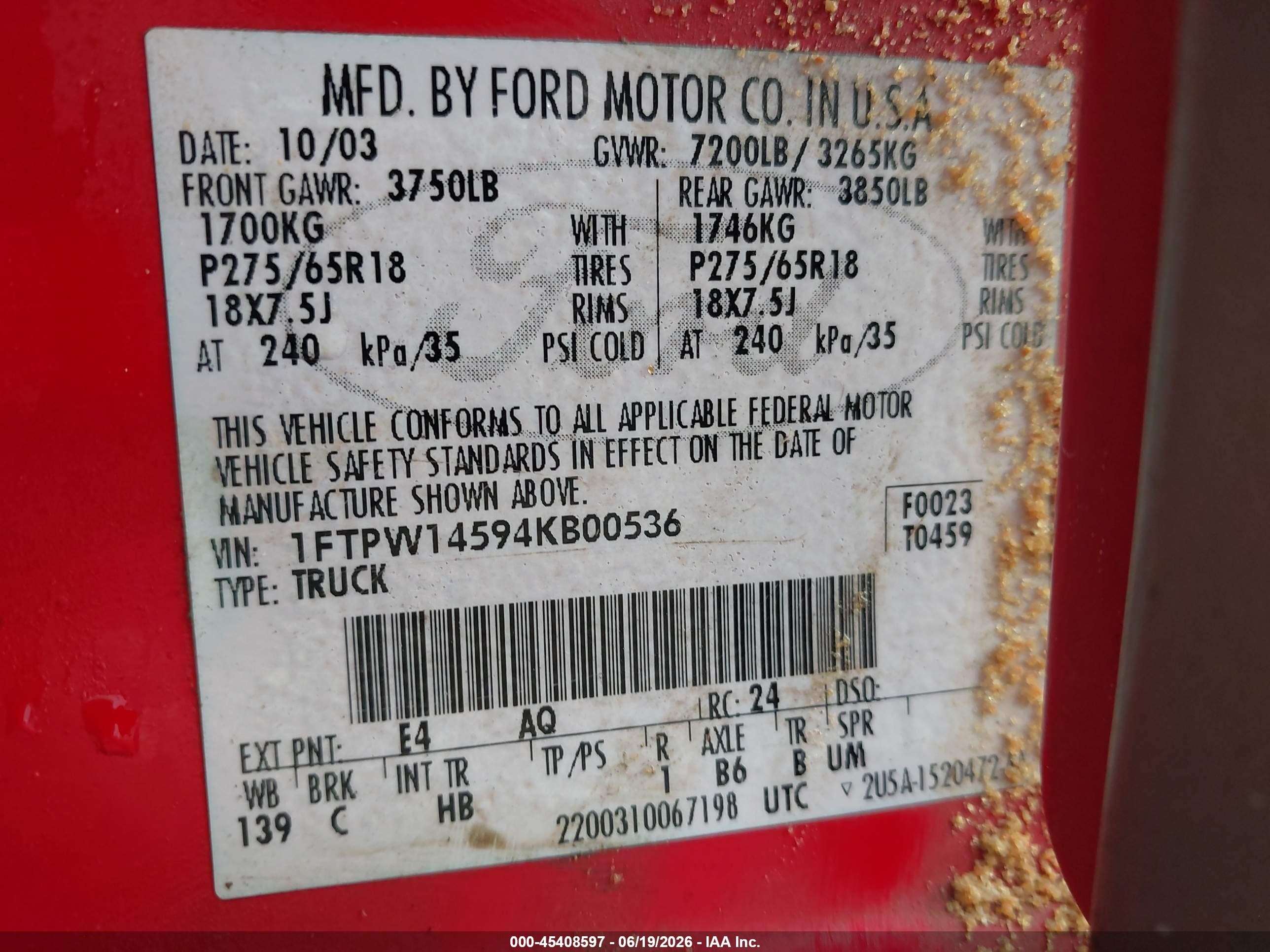 2004 Ford F-150 Fx4/lariat/xlt Red vin: 1FTPW14594KB00536