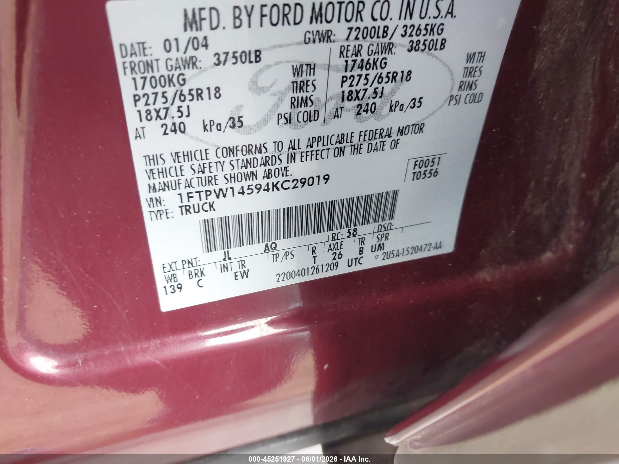 2004 Ford F-150 Fx4/lariat/xlt Burgundy vin: 1FTPW14594KC29019