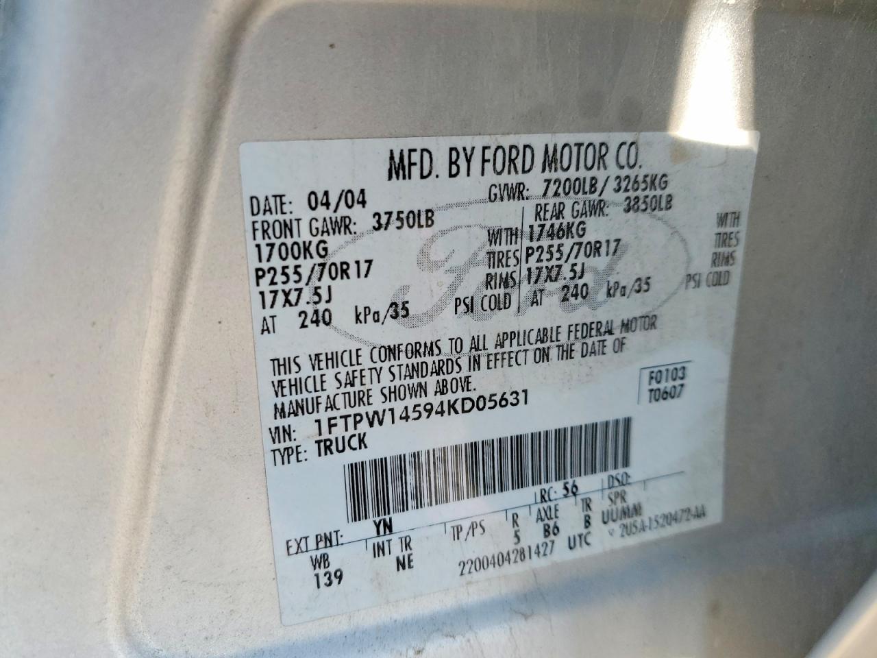 2004 Ford F150 Supercrew Silver vin: 1FTPW14594KD05631