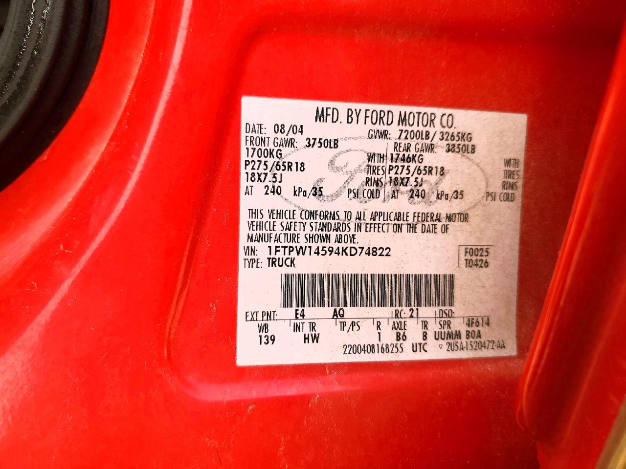 2004 Ford F150 Supercrew Red vin: 1FTPW14594KD74822